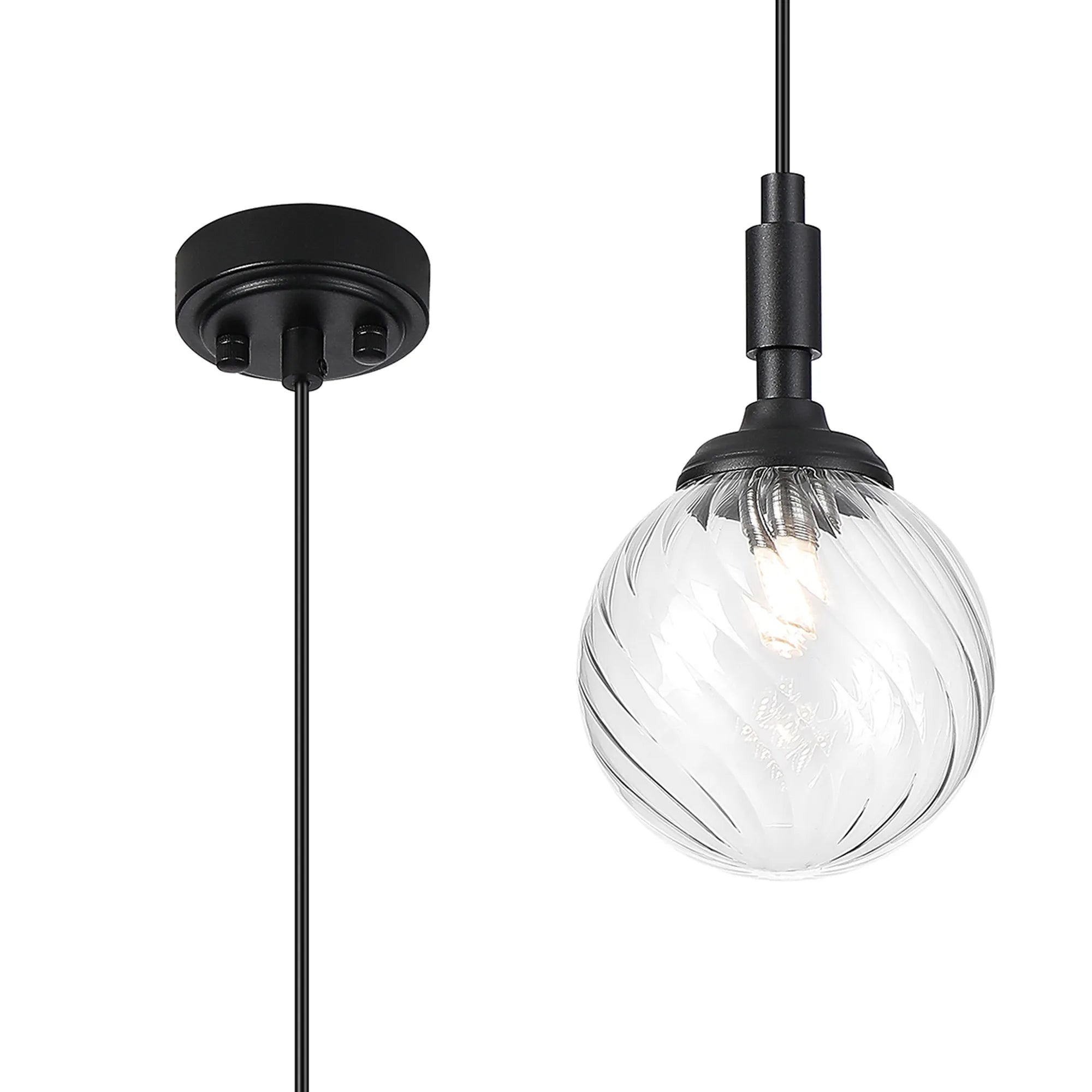 Dene Pendant 1 Light - IP44 Satin Black & Clear Swirl Round Glass
