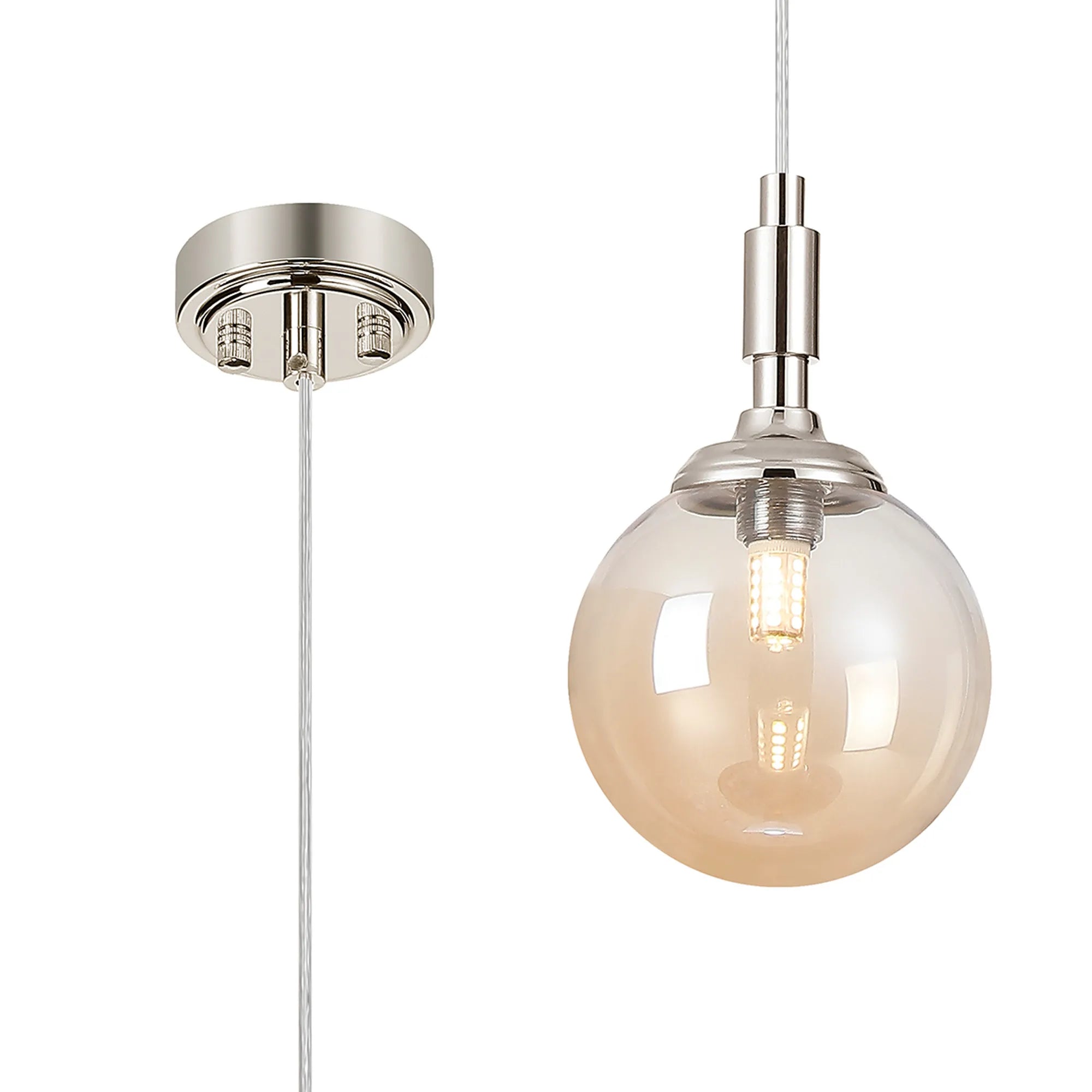 Dene Pendant 1 Light - IP44 Polished Nickel & Amber Smooth Round Glass