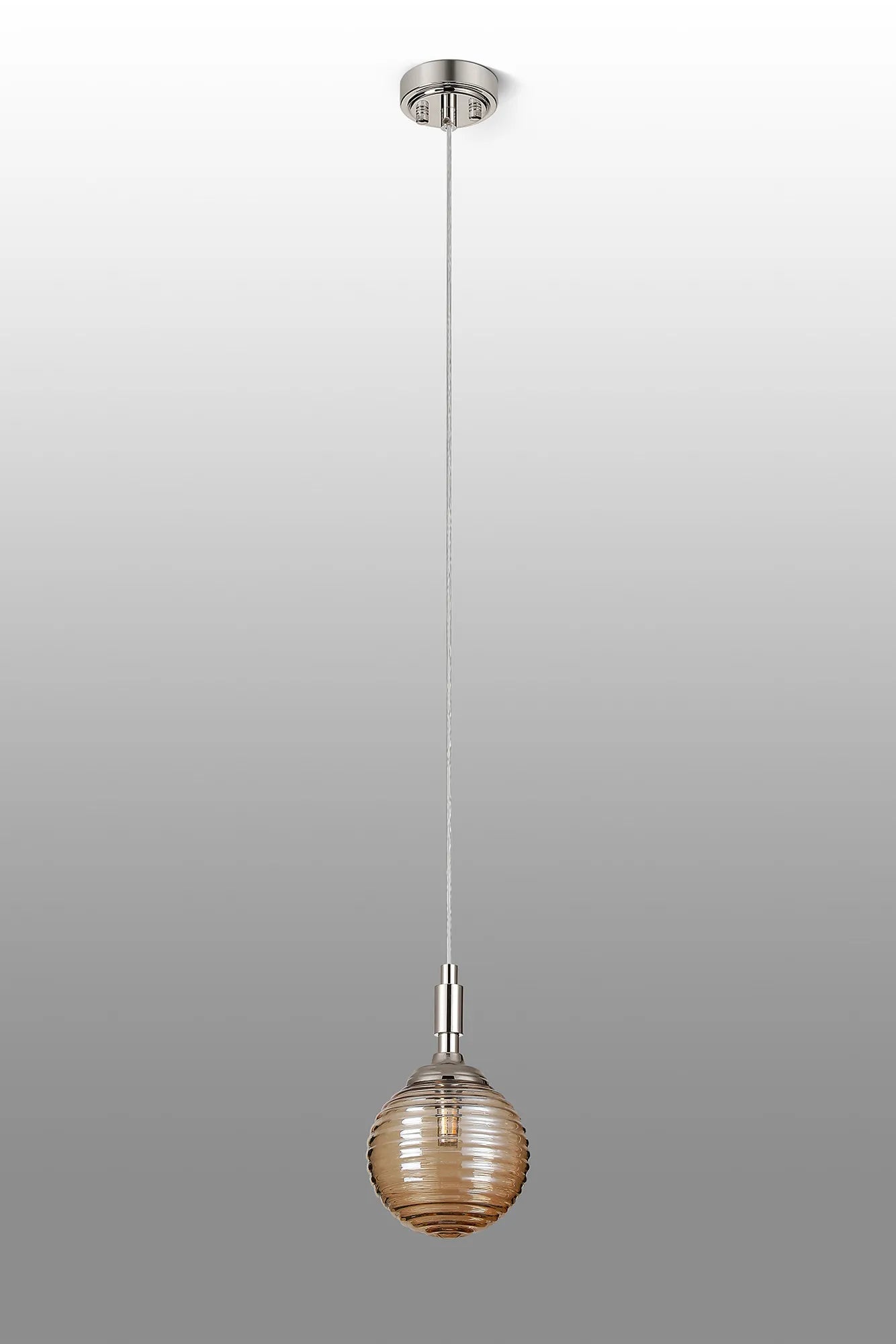 Dene Pendant 1 Light - IP44 Polished Nickel & Amber Ribbed Round Glass
