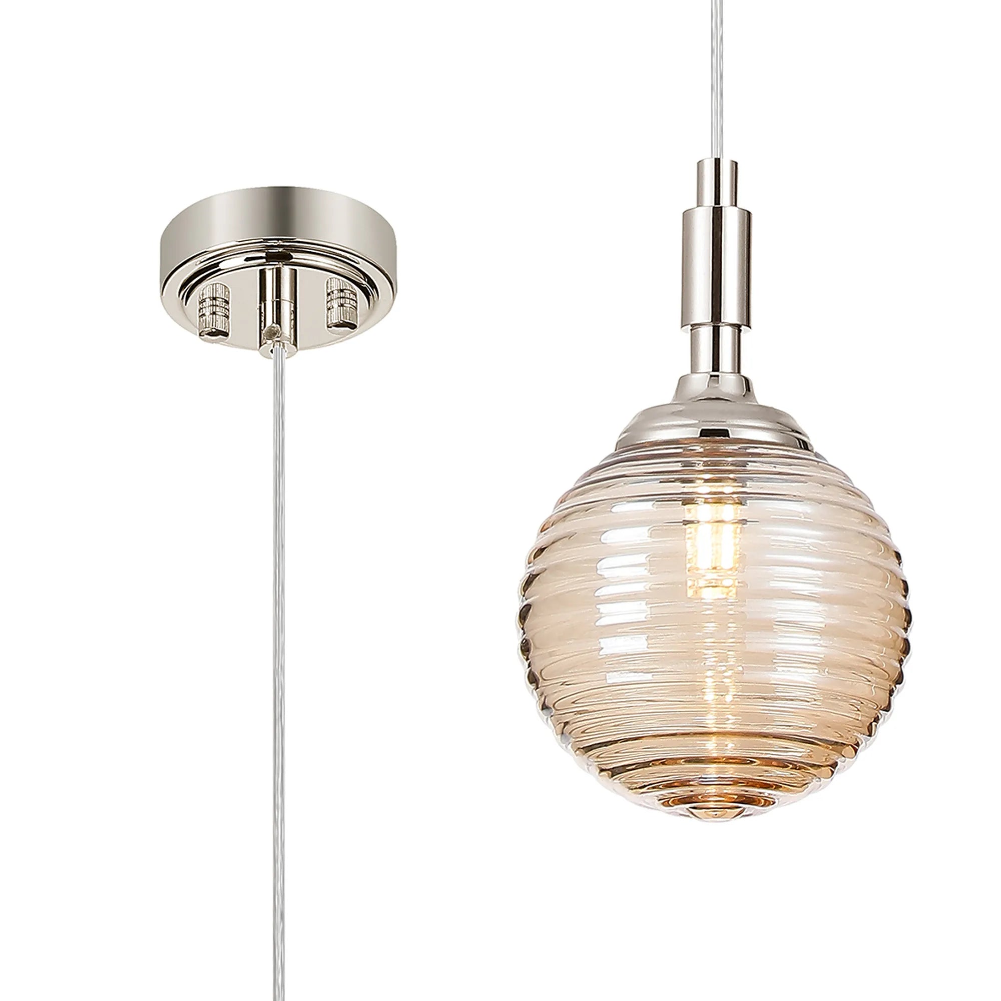 Dene Pendant 1 Light - IP44 Polished Nickel & Amber Ribbed Round Glass