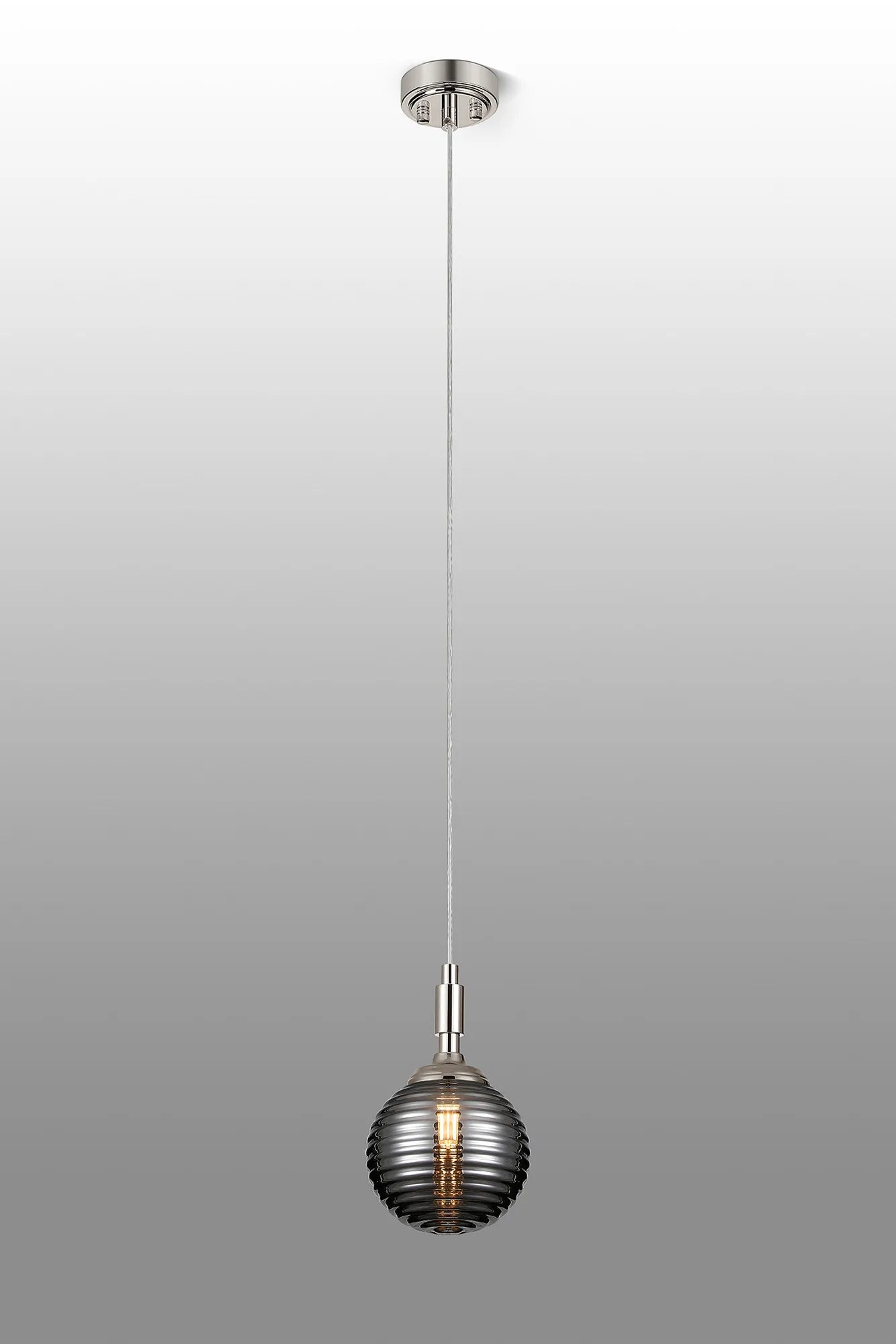 Dene Pendant 1 Light - IP44 Polished Nickel & Smoke Ribbed Round Glass