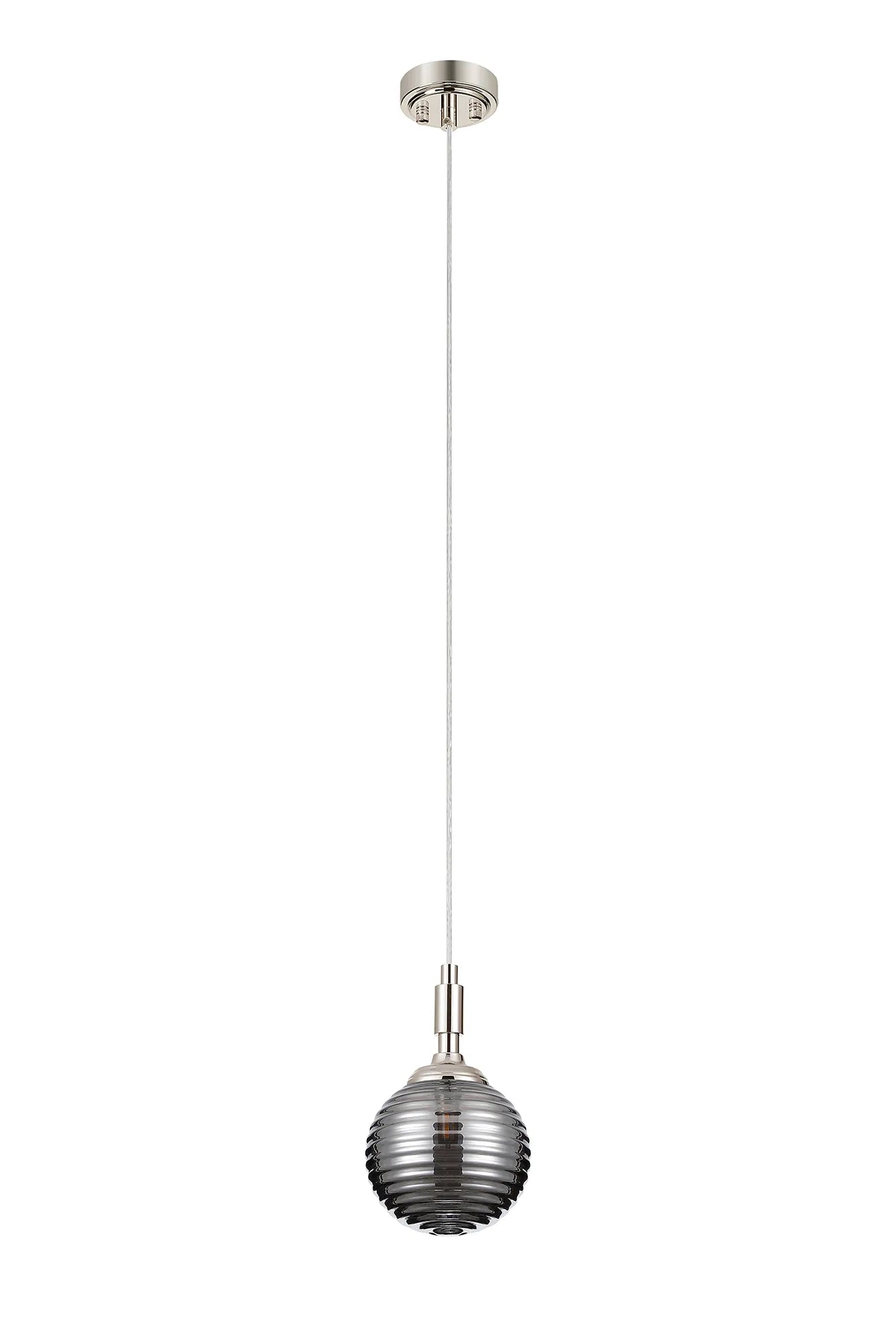 Dene Pendant 1 Light - IP44 Polished Nickel & Smoke Ribbed Round Glass