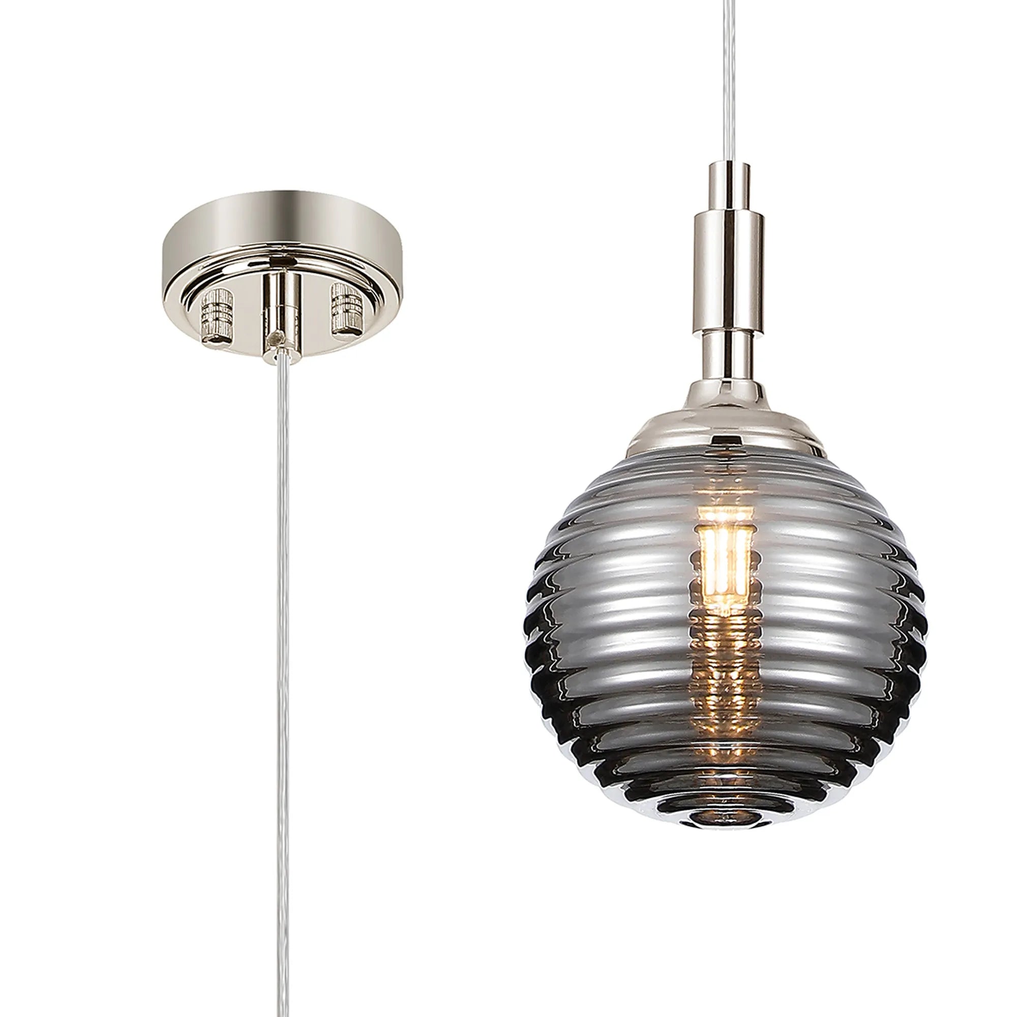 Dene Pendant 1 Light - IP44 Polished Nickel & Smoke Ribbed Round Glass