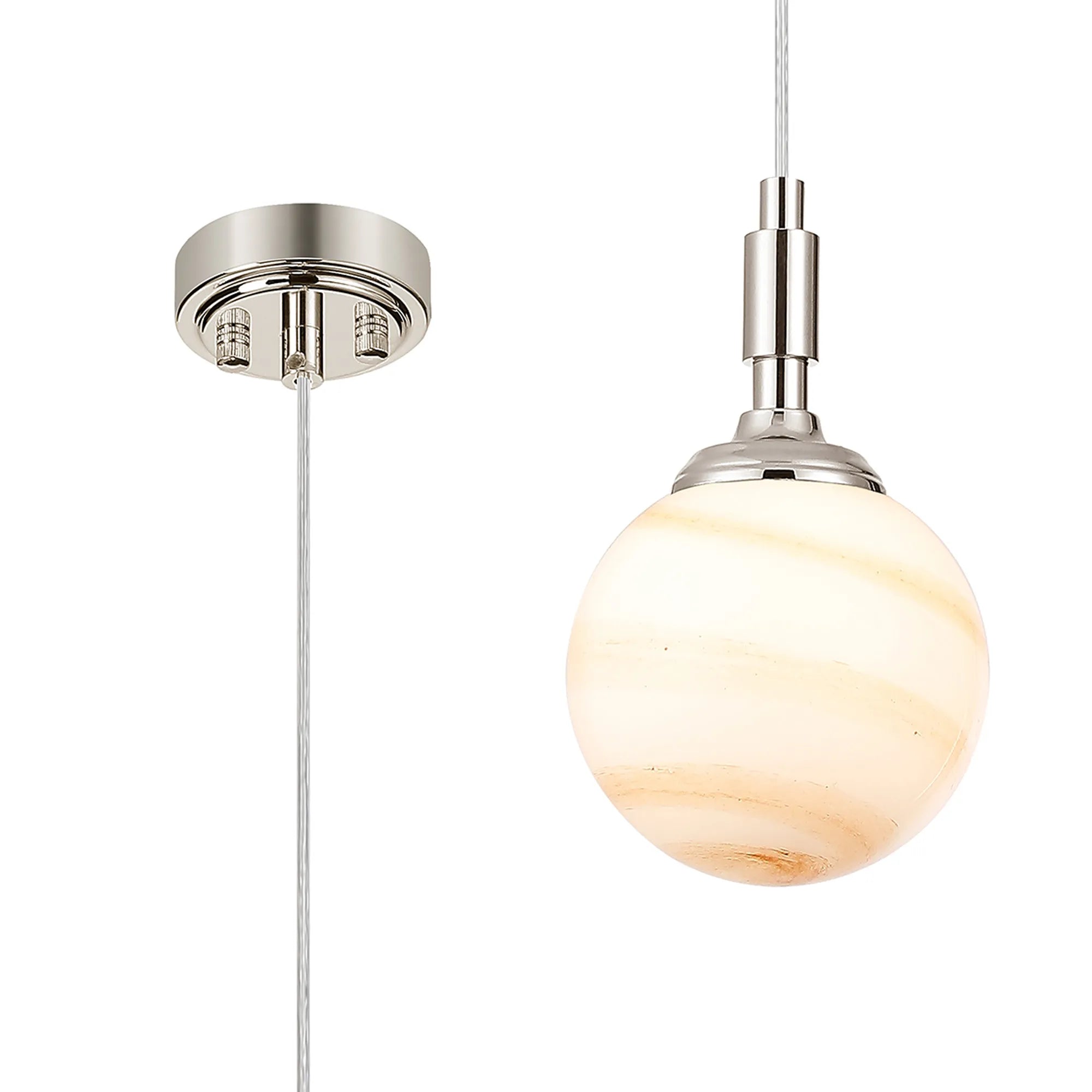 Dene Pendant 1 Light - IP44 Polished Nickel & Brown & White Round Marble Effect Glass