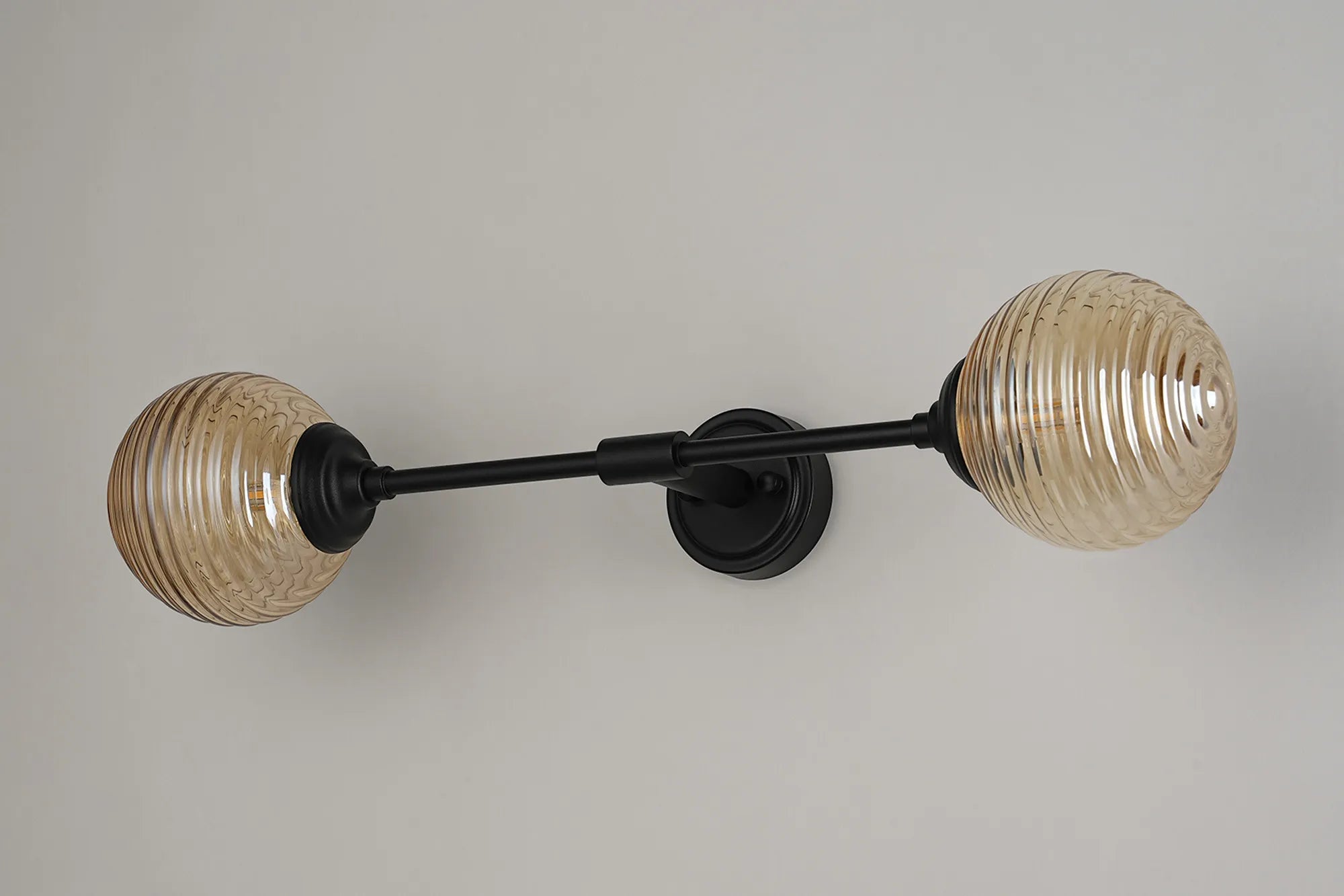Dene Ceiling & Wall Light - Linear 2 Light - IP44 Satin Black & Amber Ribbed Round Glass