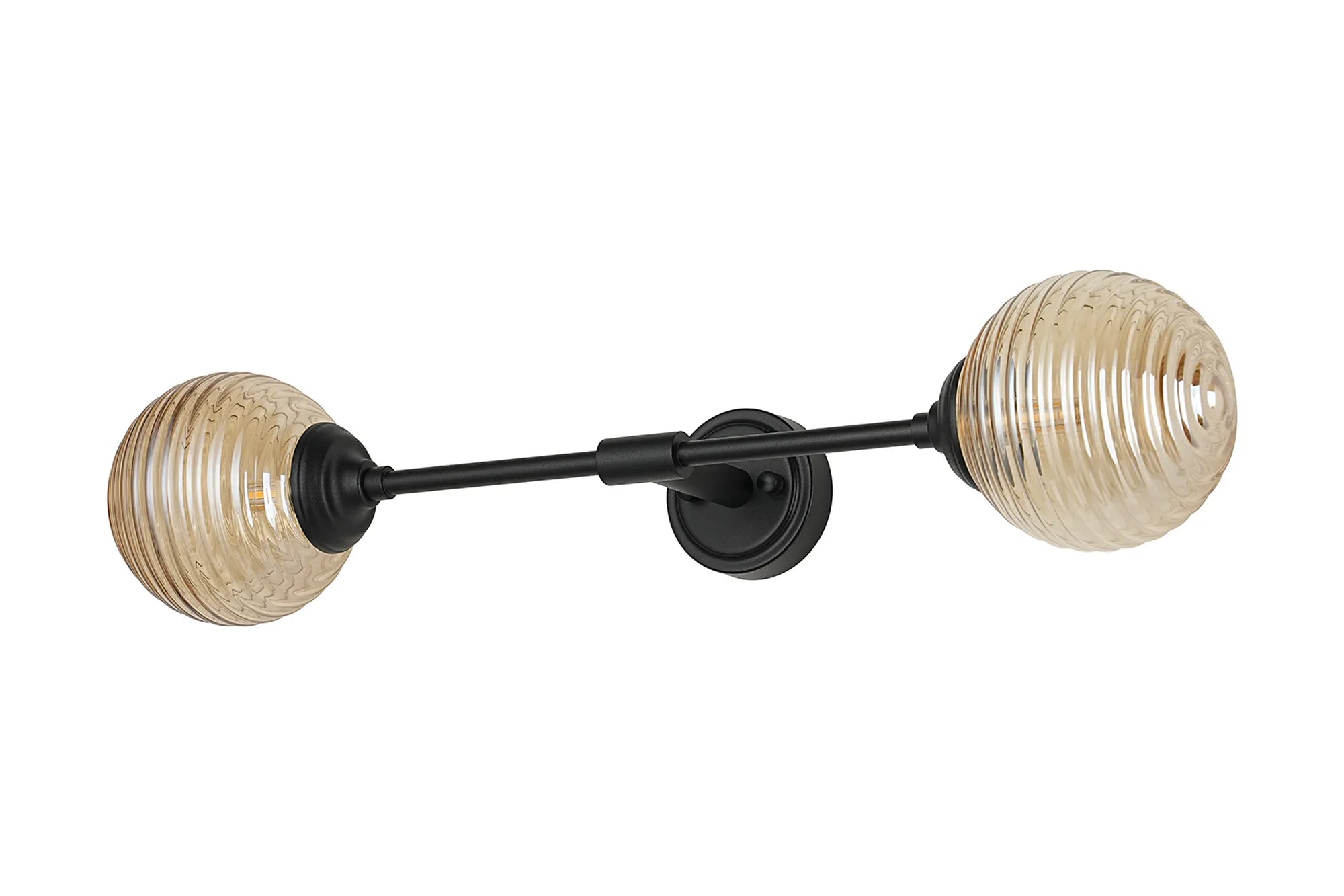 Dene Ceiling & Wall Light - Linear 2 Light - IP44 Satin Black & Amber Ribbed Round Glass