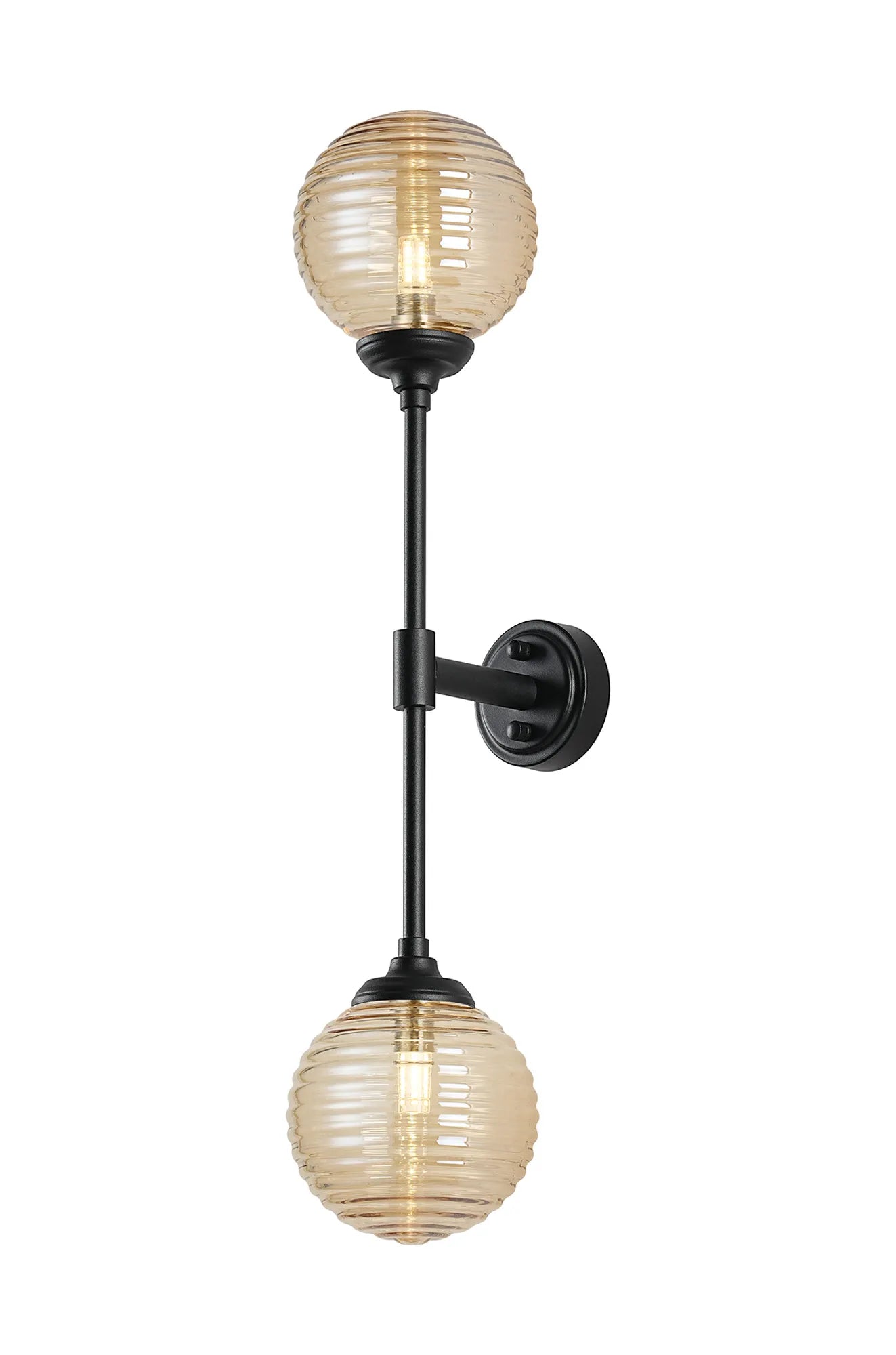 Dene Ceiling & Wall Light - Linear 2 Light - IP44 Satin Black & Amber Ribbed Round Glass