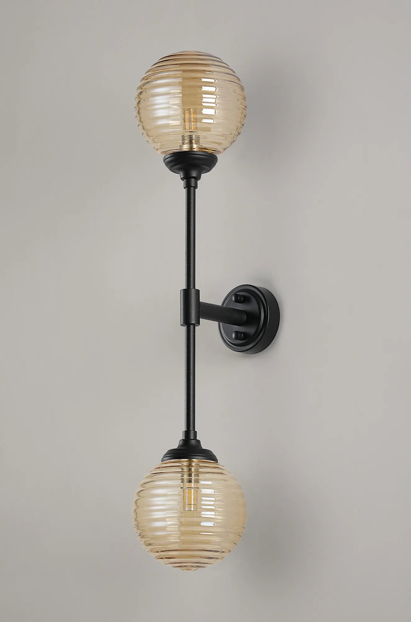 Dene Ceiling & Wall Light - Linear 2 Light - IP44 Satin Black & Amber Ribbed Round Glass