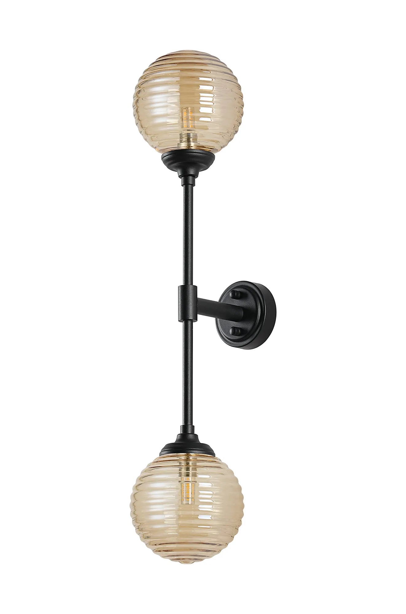 Dene Ceiling & Wall Light - Linear 2 Light - IP44 Satin Black & Amber Ribbed Round Glass