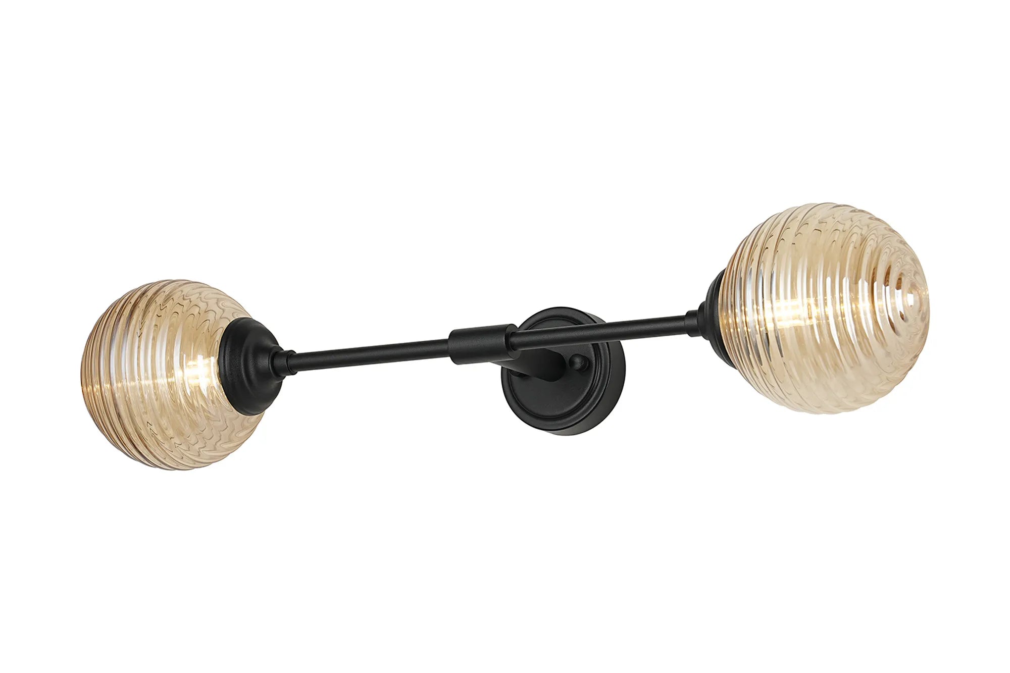Dene Ceiling & Wall Light - Linear 2 Light - IP44 Satin Black & Amber Ribbed Round Glass