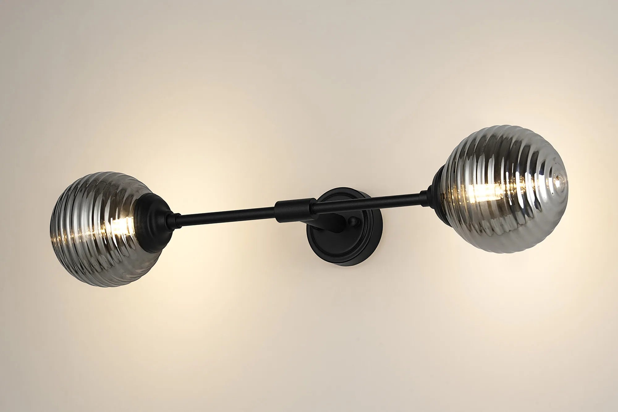 Dene Ceiling & Wall Light - Linear 2 Light - IP44 Satin Black & Glass Ribbed Round Glass