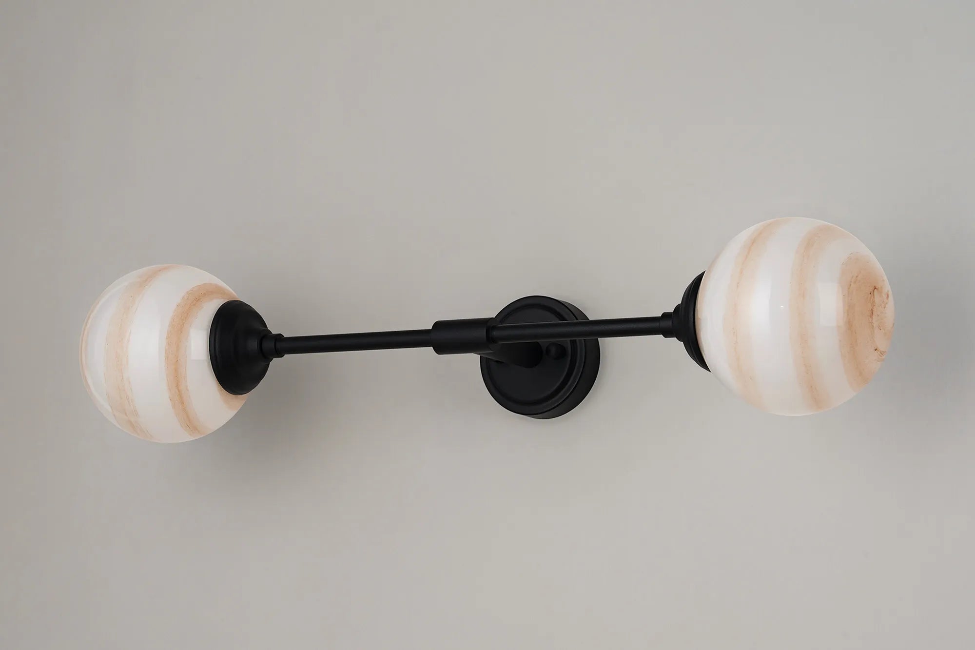 Dene Ceiling & Wall Light - Linear 2 Light - IP44 Satin Black & Brown, White Round Marble Effect Glass
