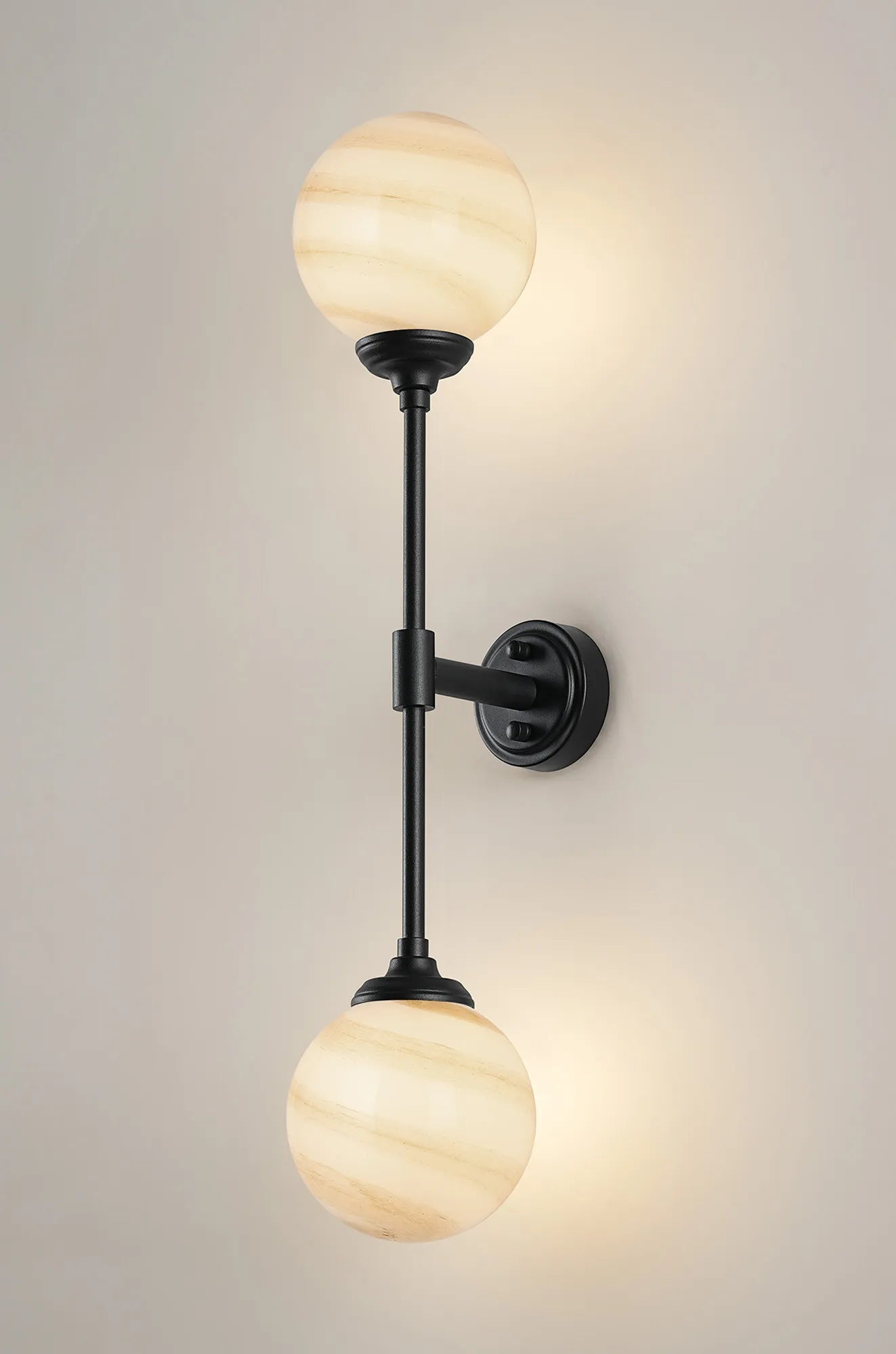 Dene Ceiling & Wall Light - Linear 2 Light - IP44 Satin Black & Brown, White Round Marble Effect Glass
