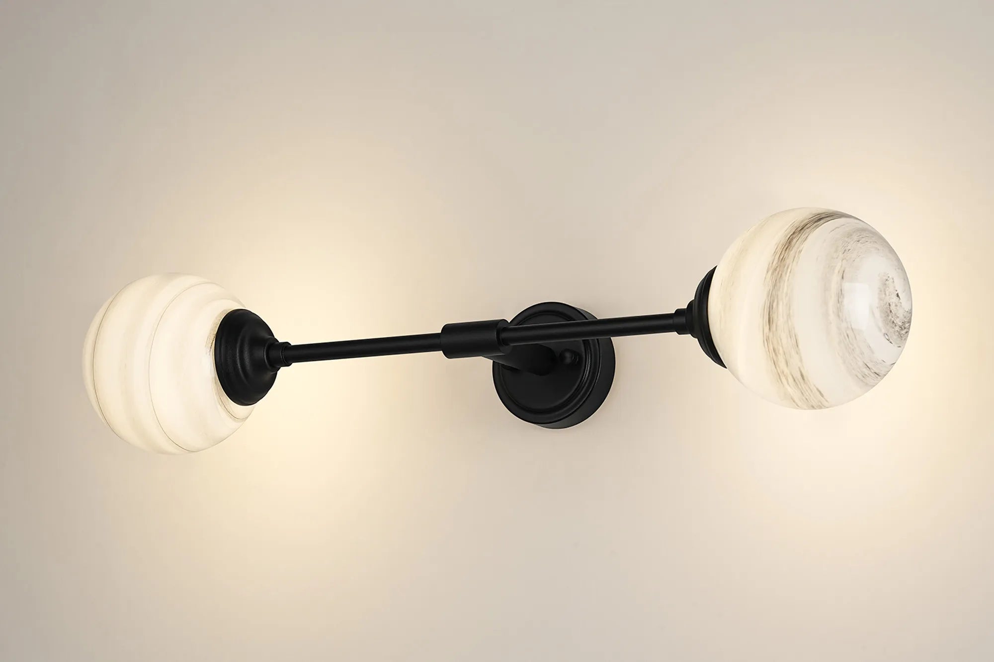 Dene Ceiling & Wall Light - Linear 2 Light - IP44 Satin Black & Grey, White Round Marble Effect Glass