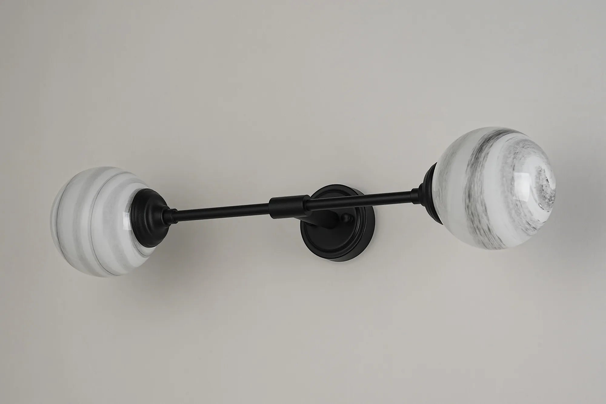 Dene Ceiling & Wall Light - Linear 2 Light - IP44 Satin Black & Grey, White Round Marble Effect Glass
