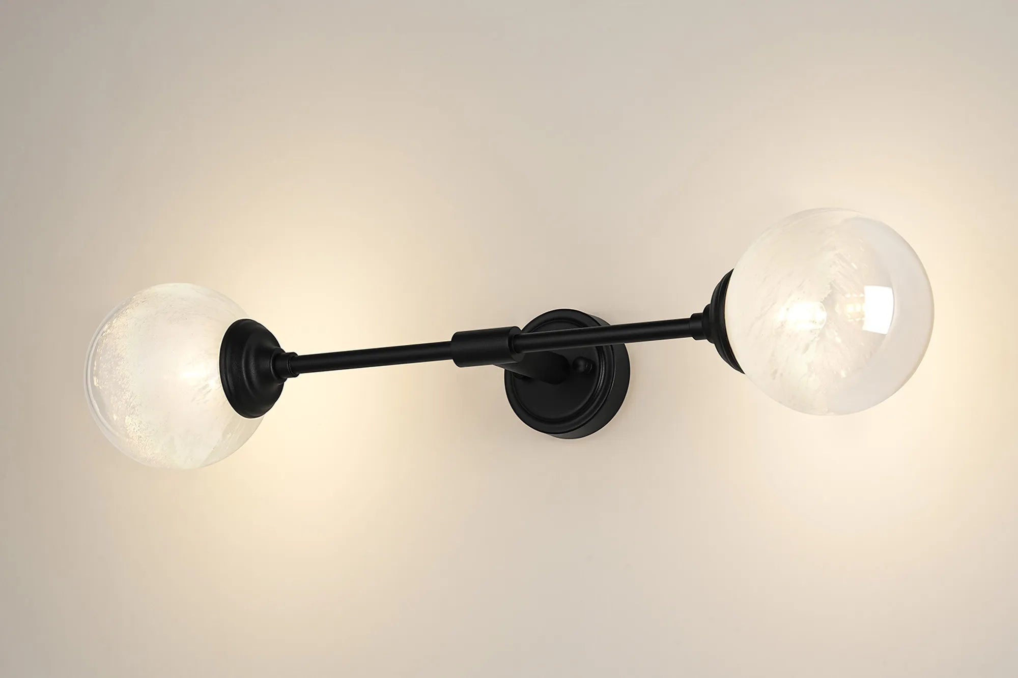 Dene Ceiling & Wall Light - Linear 2 Light - IP44 Satin Black & White Two-Tone Snow Specks Round Glass