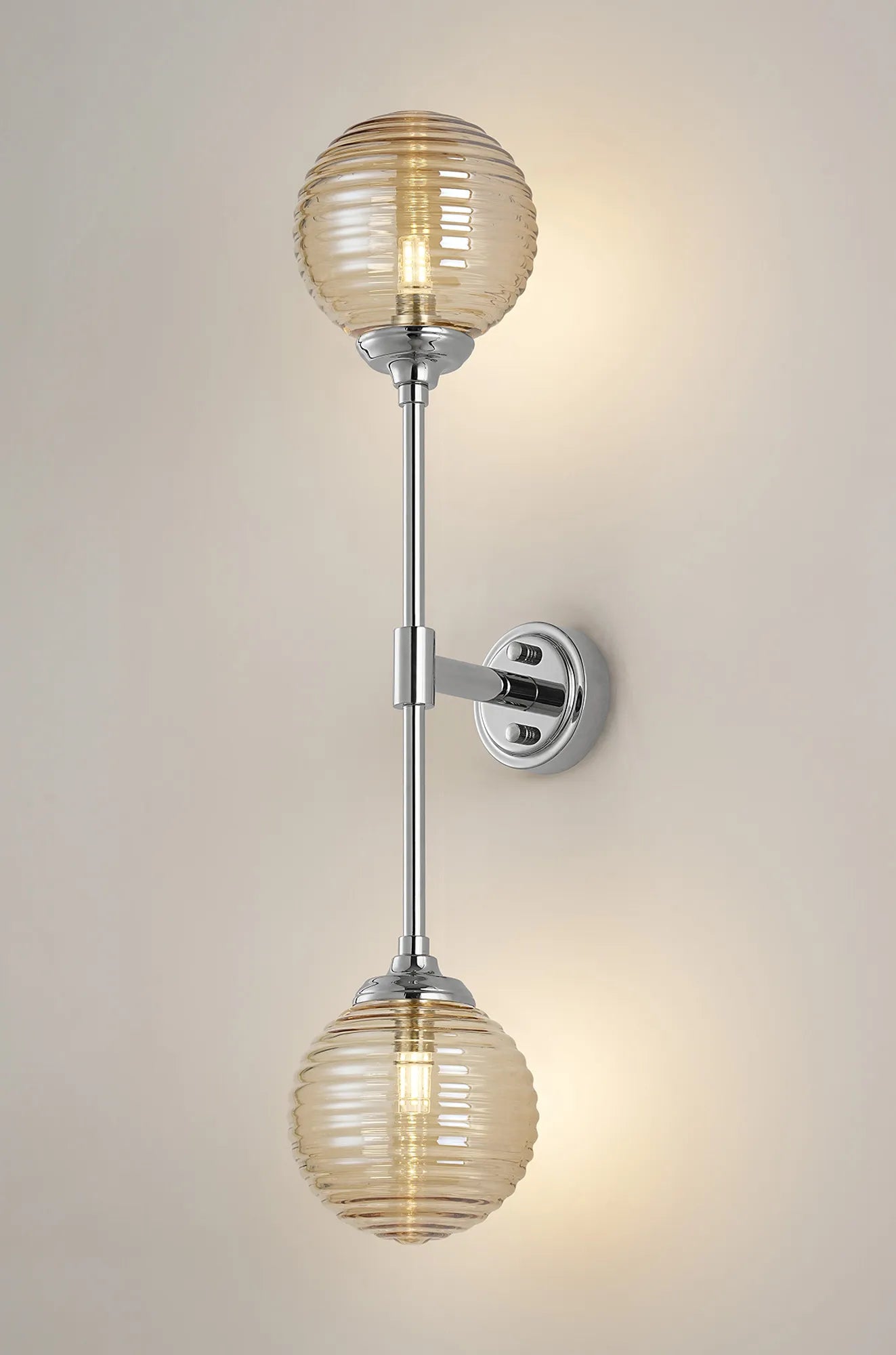 Dene Ceiling & Wall Light - Linear 2 Light - IP44 Nickel & Amber Ribbed Round Glass