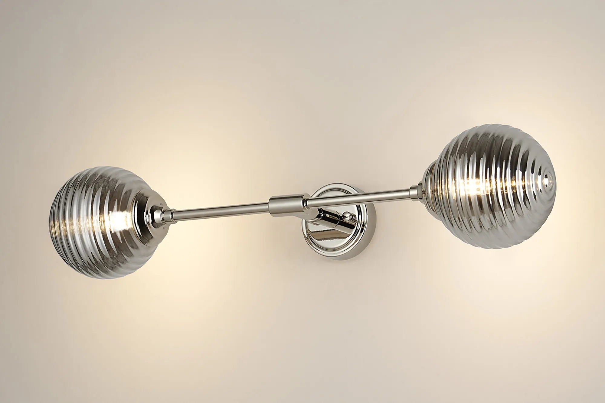 Dene Ceiling & Wall Light - Linear 2 Light - IP44 Nickel & Glass Ribbed Round Glass