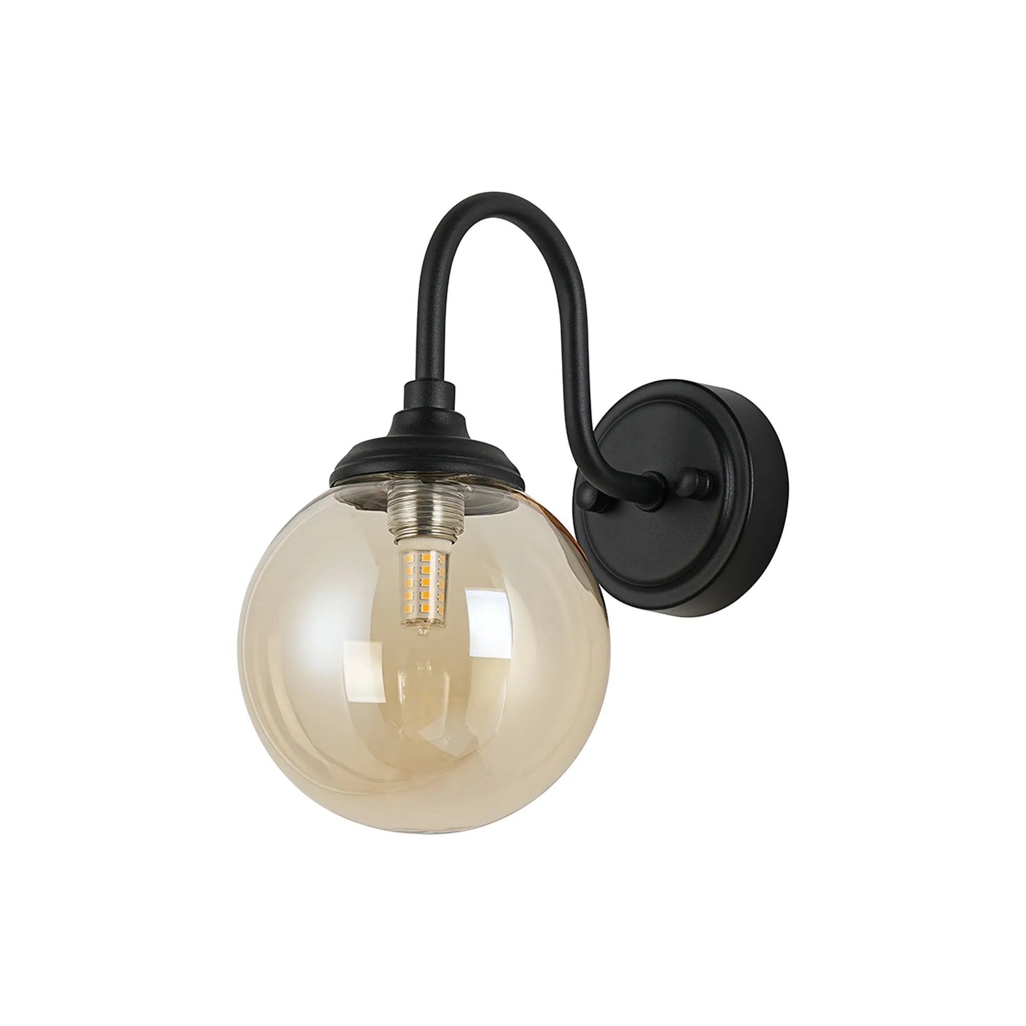 Dene Curved Arm Wall Light - 1 Light - IP44 Satin Black & Amber Smooth Round Glass
