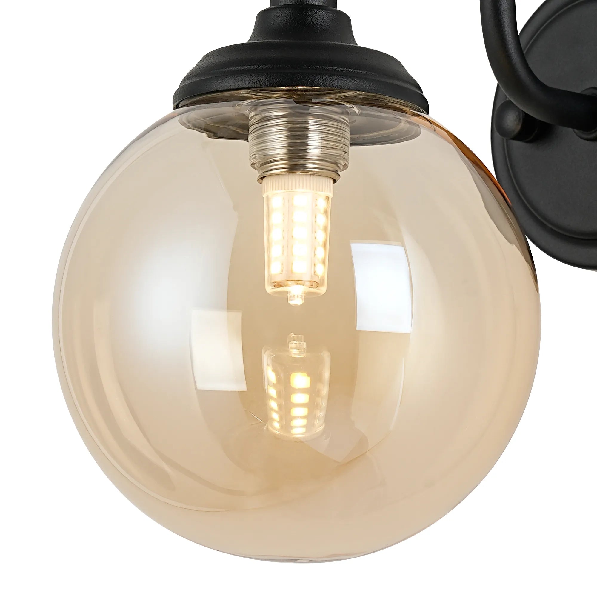 Dene Curved Arm Wall Light - 1 Light - IP44 Satin Black & Amber Smooth Round Glass