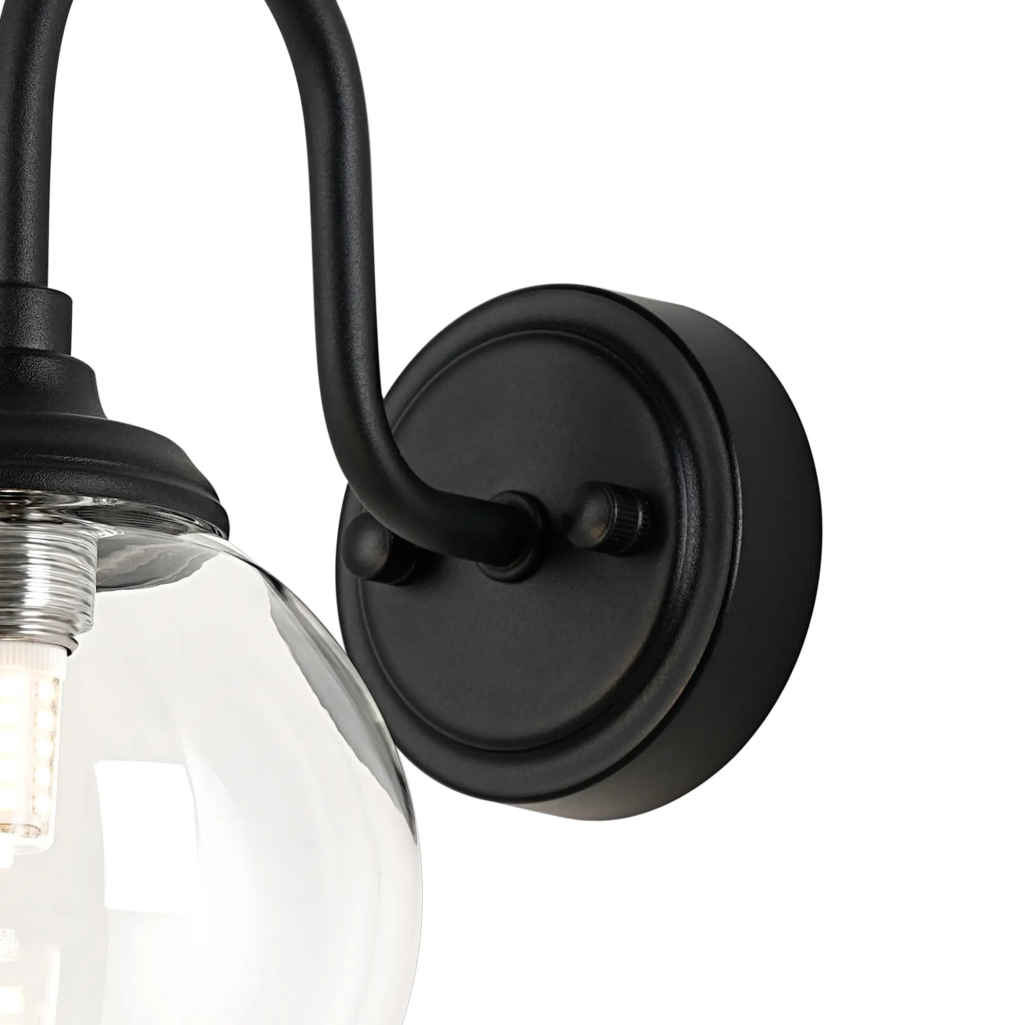 Dene Curved Arm Wall Light - 1 Light - IP44 Satin Black & Clear Smooth Round Glass