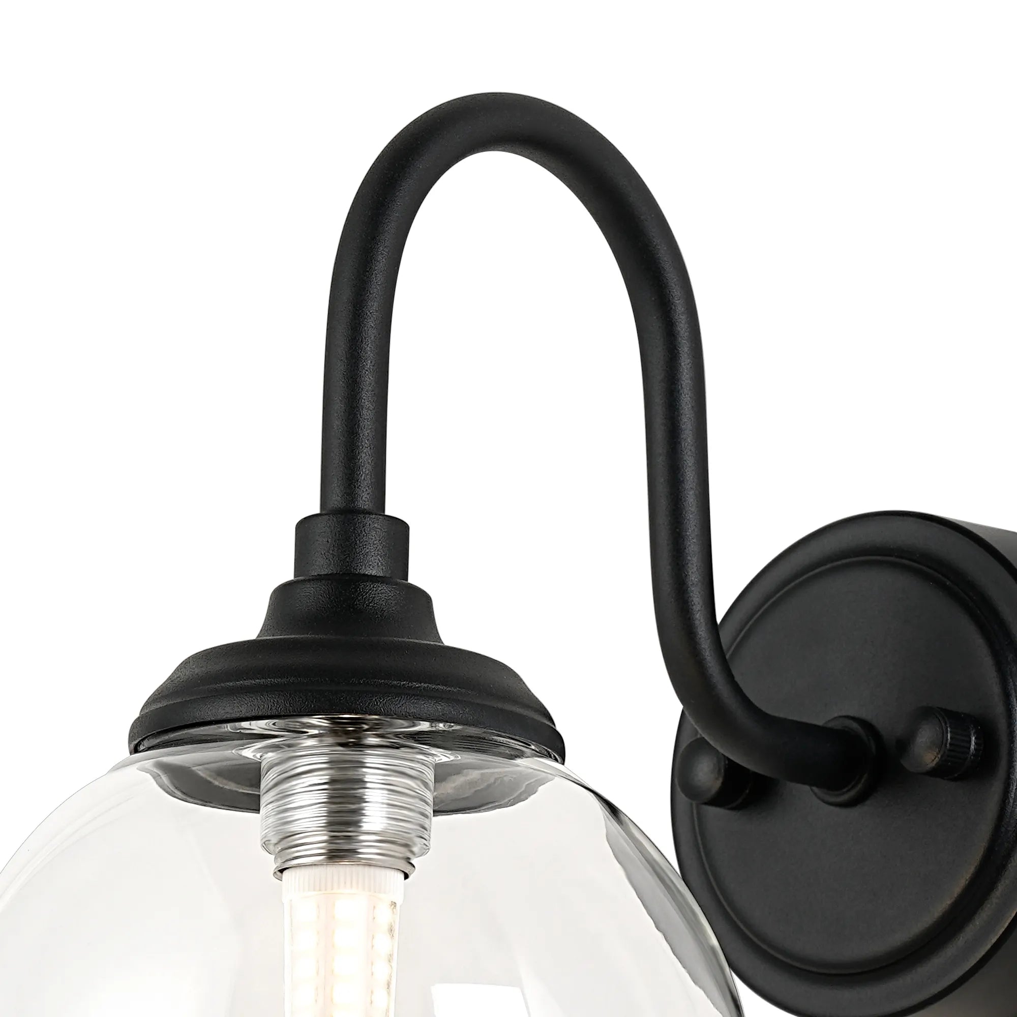 Dene Curved Arm Wall Light - 1 Light - IP44 Satin Black & Clear Smooth Round Glass