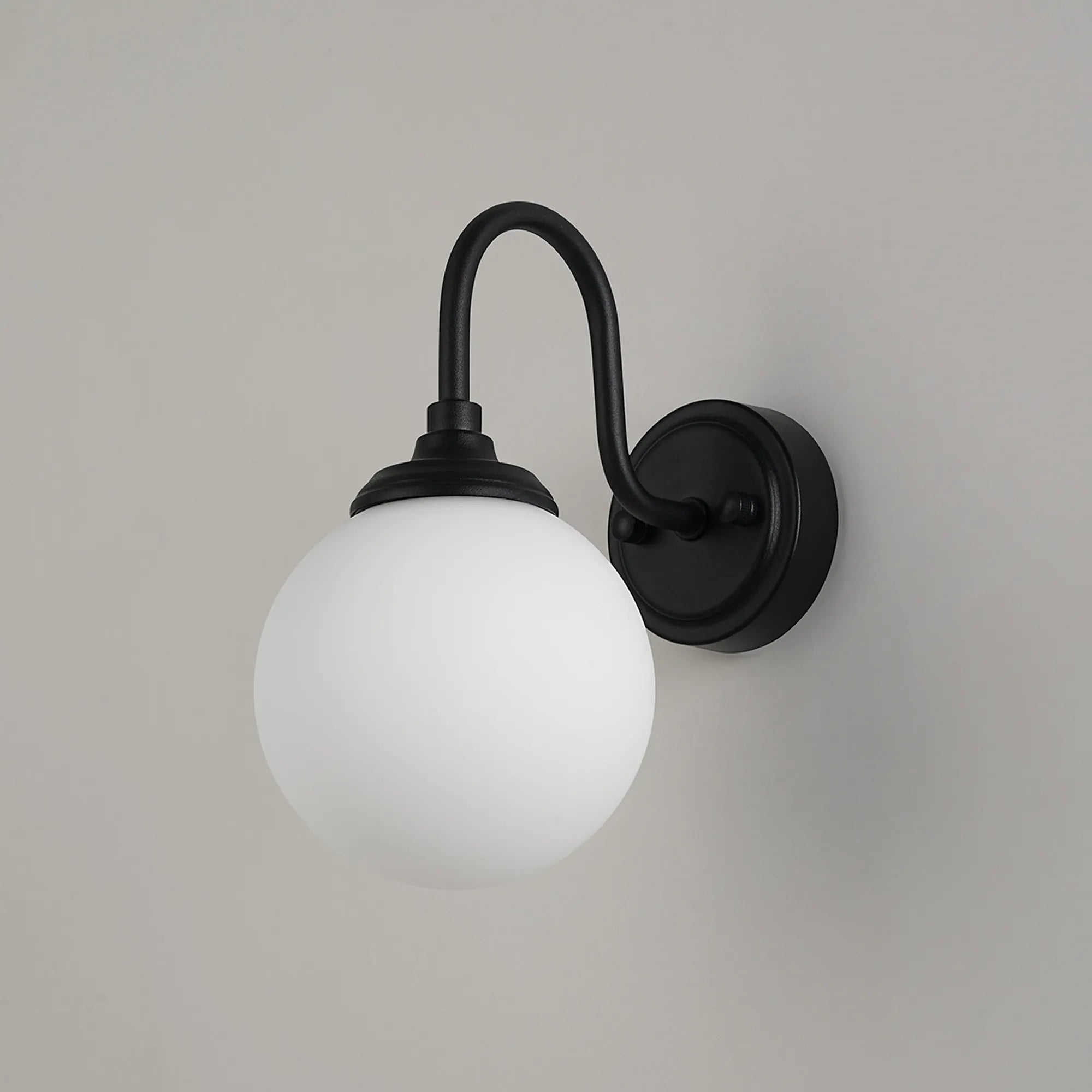 Dene Curved Arm Wall Light - 1 Light - IP44 Satin Black & Opal Smooth Round Glass