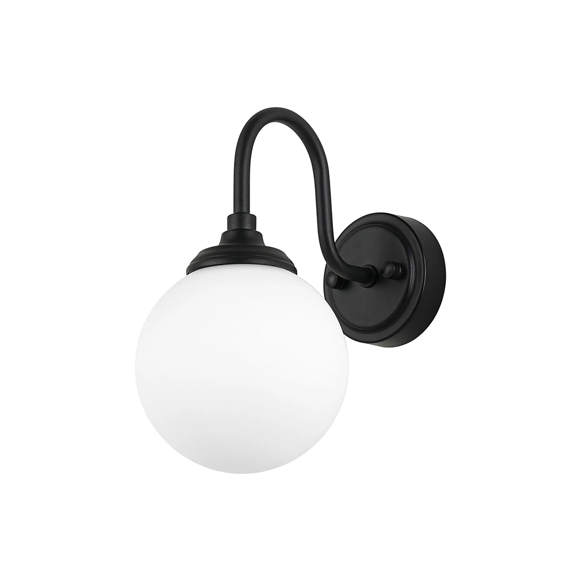 Dene Curved Arm Wall Light - 1 Light - IP44 Satin Black & Opal Smooth Round Glass