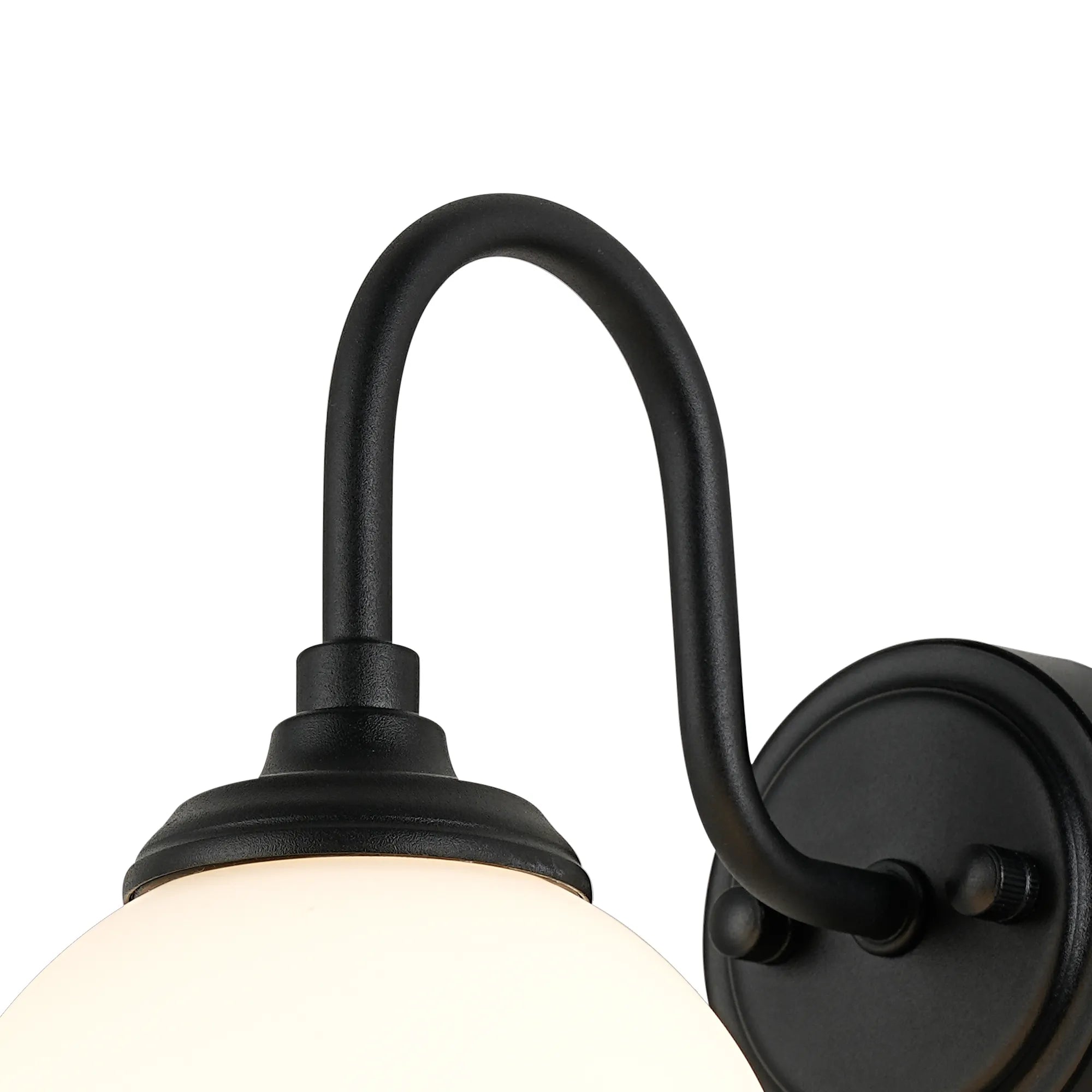Dene Curved Arm Wall Light - 1 Light - IP44 Satin Black & Opal Smooth Round Glass