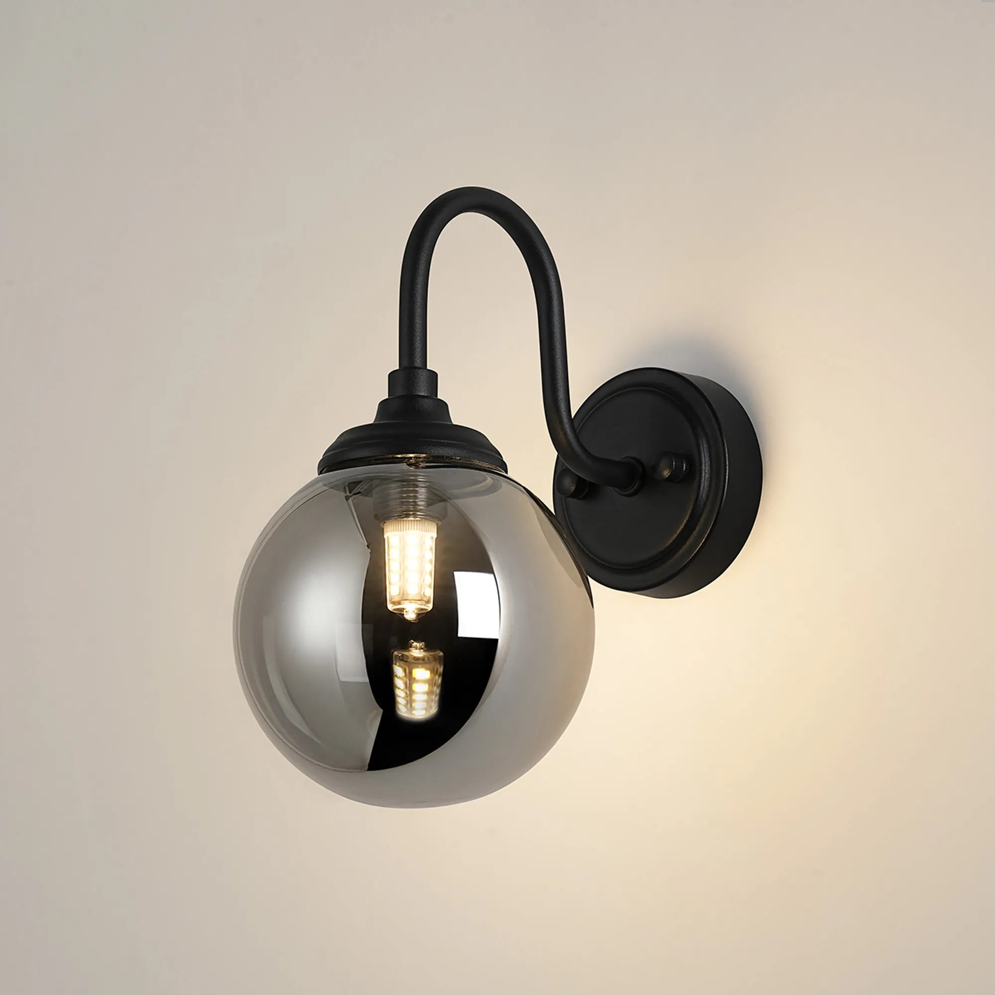 Dene Curved Arm Wall Light - 1 Light - IP44 Satin Black & Smoke Smooth Round Glass