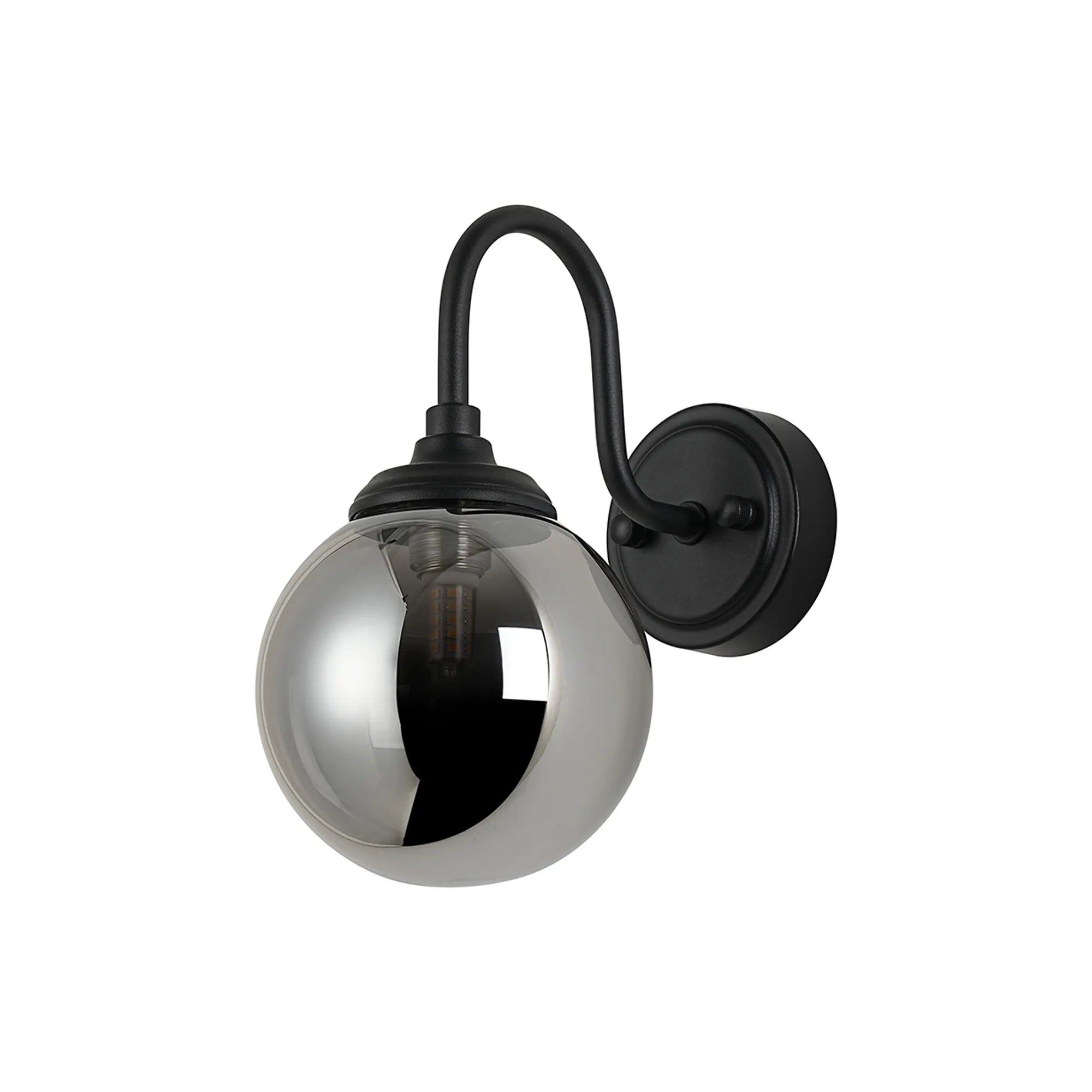Dene Curved Arm Wall Light - 1 Light - IP44 Satin Black & Smoke Smooth Round Glass