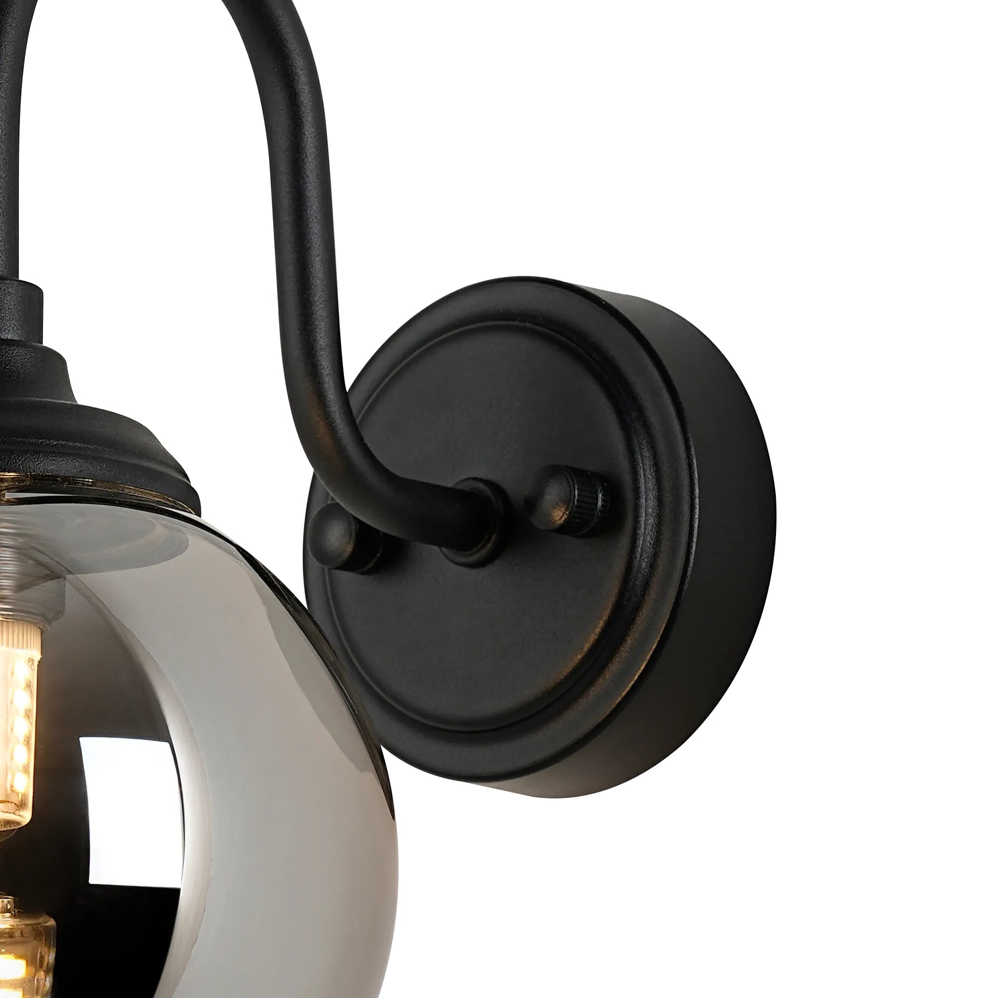 Dene Curved Arm Wall Light - 1 Light - IP44 Satin Black & Smoke Smooth Round Glass