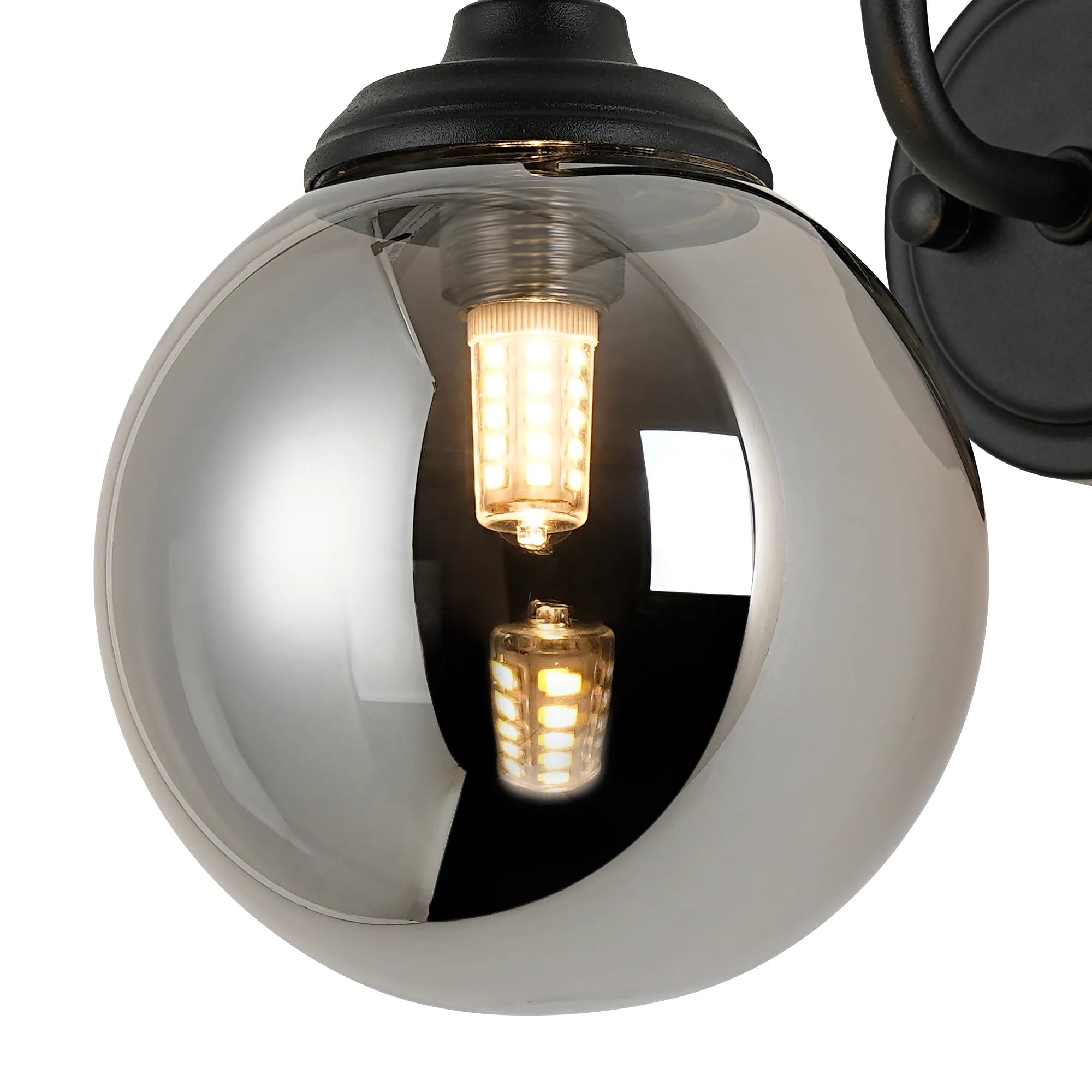Dene Curved Arm Wall Light - 1 Light - IP44 Satin Black & Smoke Smooth Round Glass