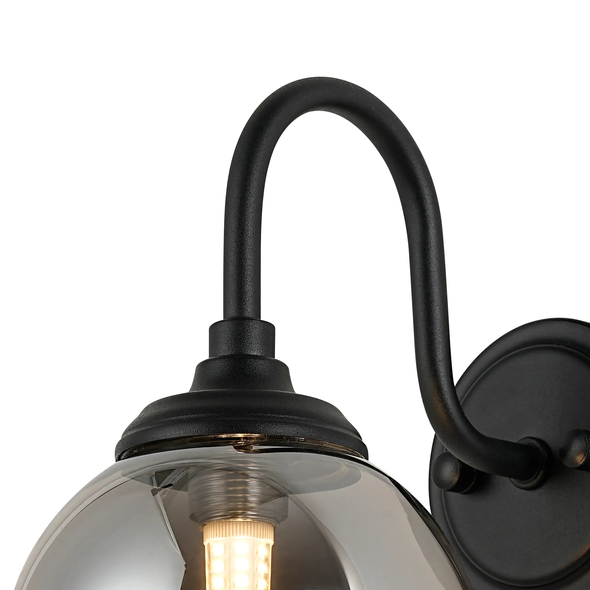 Dene Curved Arm Wall Light - 1 Light - IP44 Satin Black & Smoke Smooth Round Glass