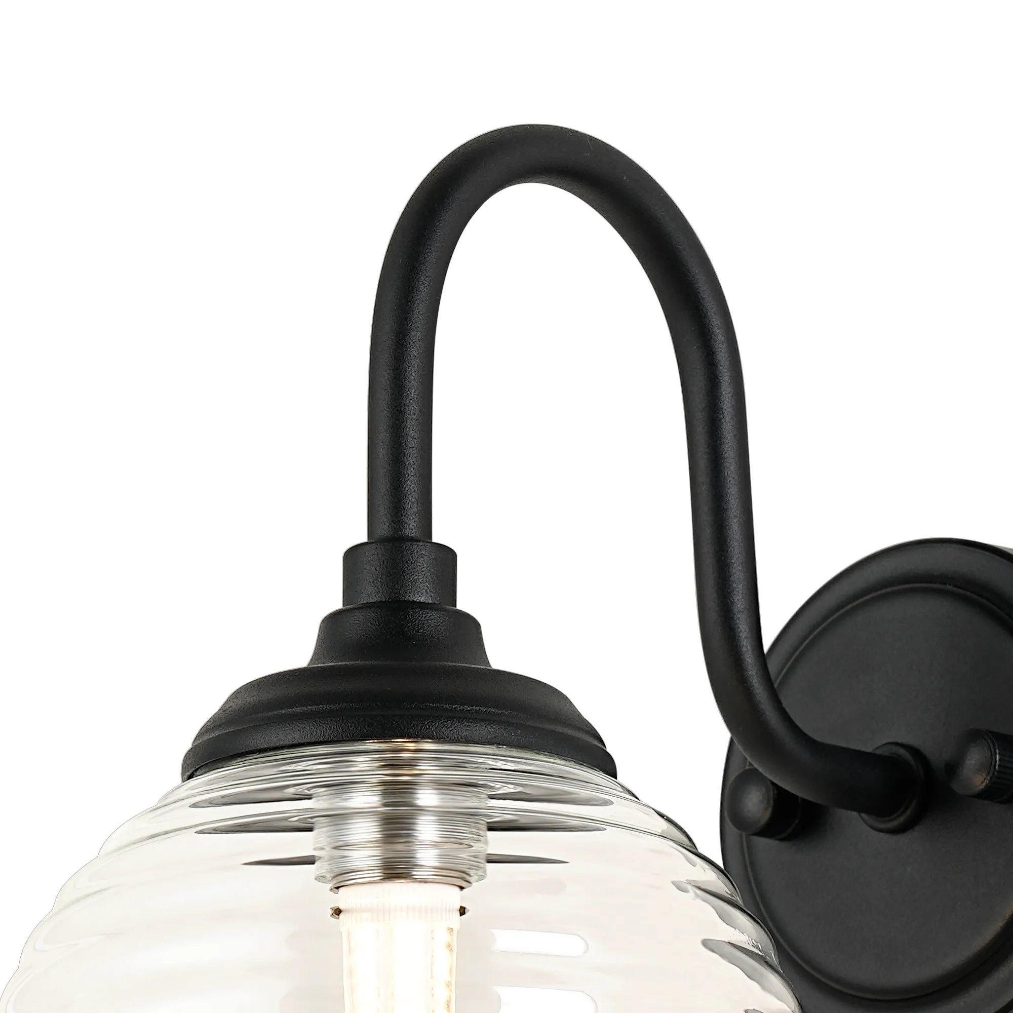 Dene Curved Arm Wall Light - 1 Light - IP44 Satin Black & Clear Ribbed Round Glass