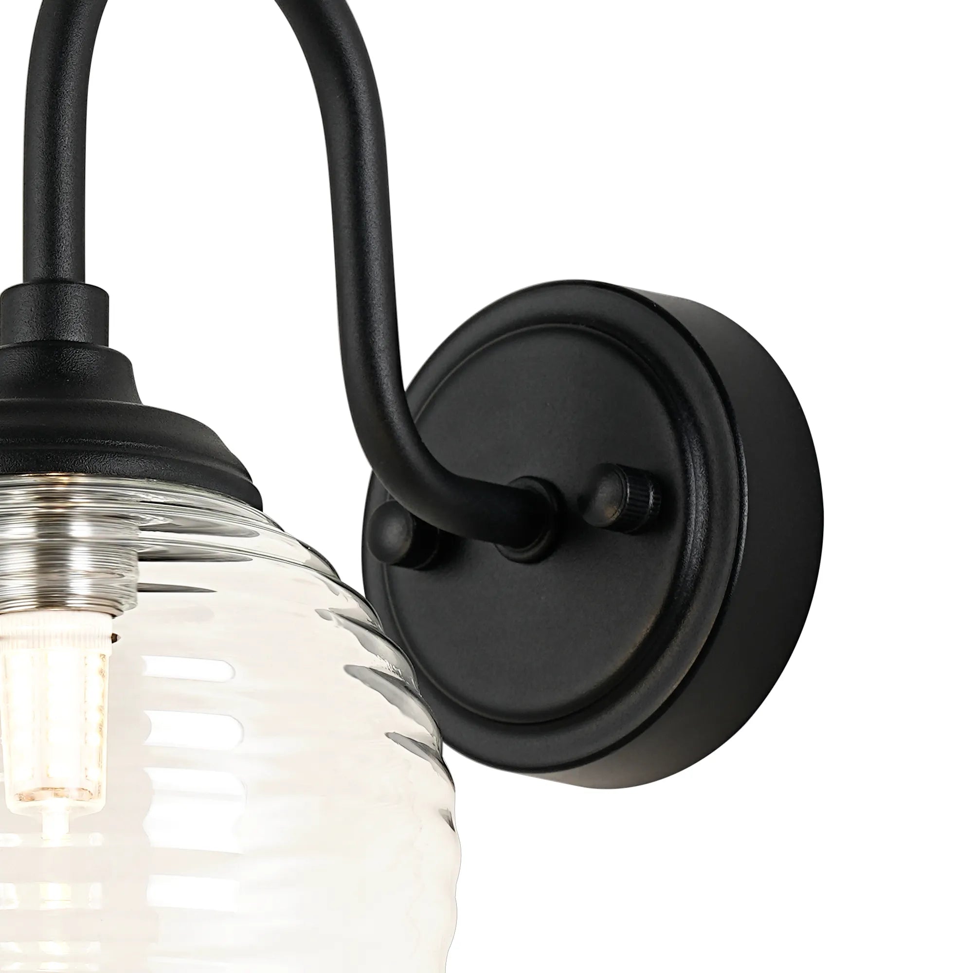 Dene Curved Arm Wall Light - 1 Light - IP44 Satin Black & Clear Ribbed Round Glass