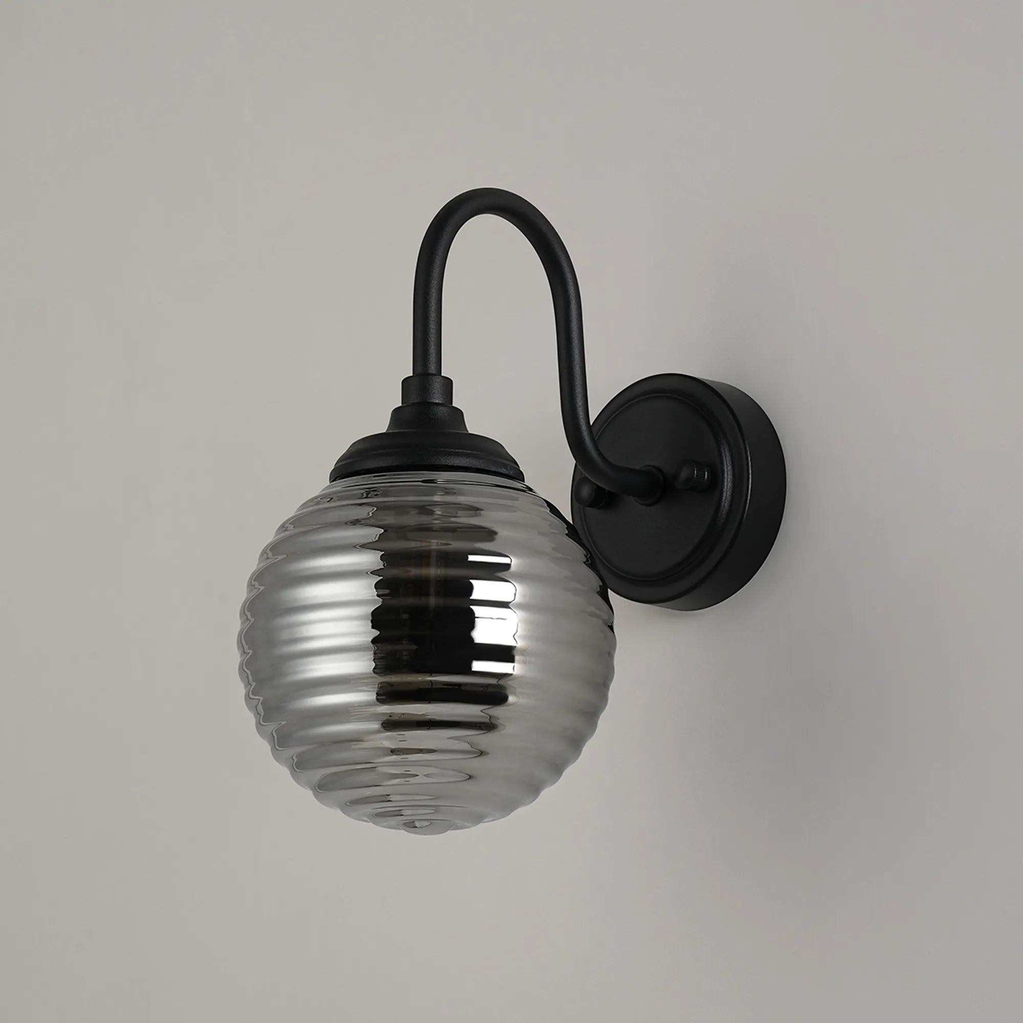 Dene Curved Arm Wall Light - 1 Light - IP44 Satin Black & Smoke Ribbed Round Glass