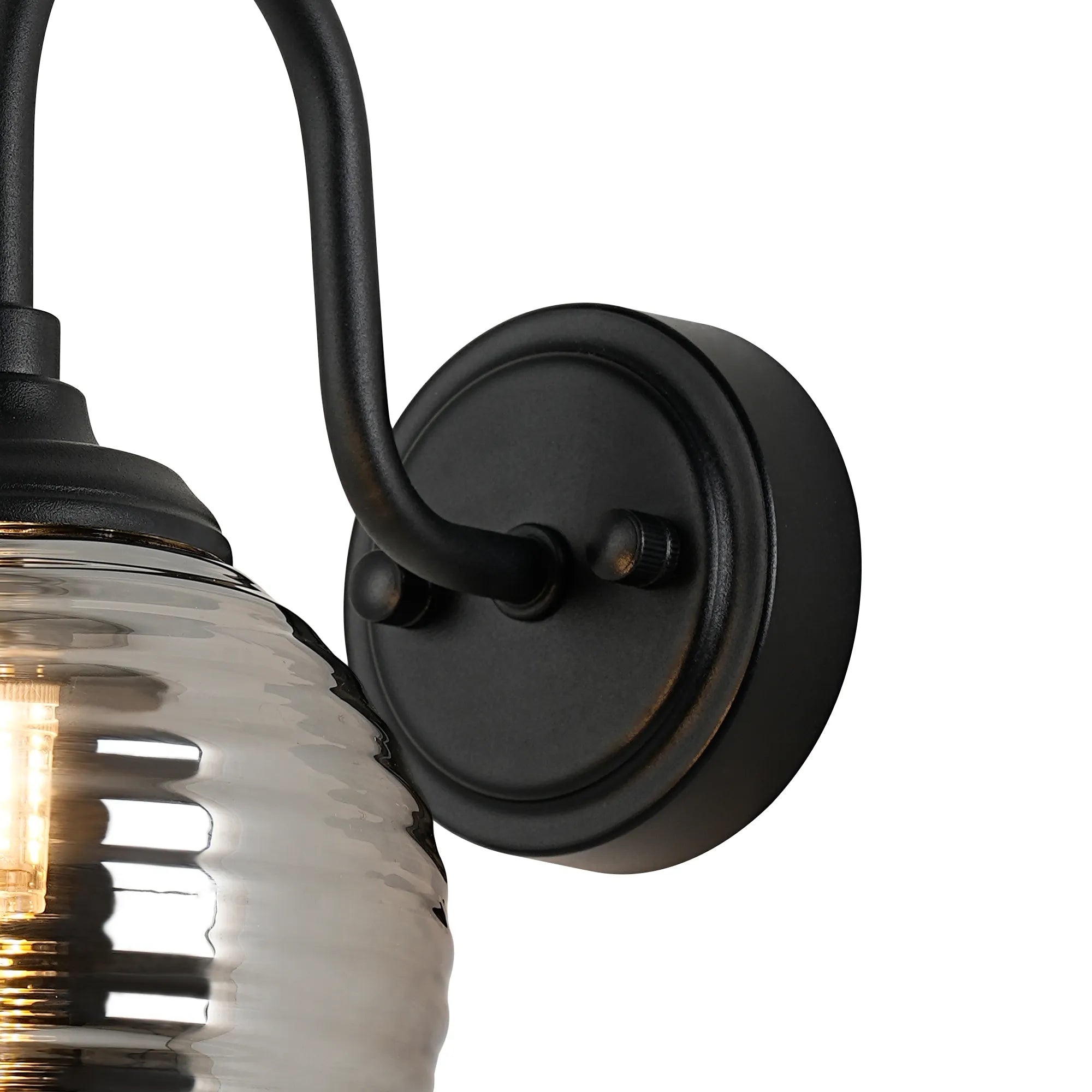 Dene Curved Arm Wall Light - 1 Light - IP44 Satin Black & Smoke Ribbed Round Glass