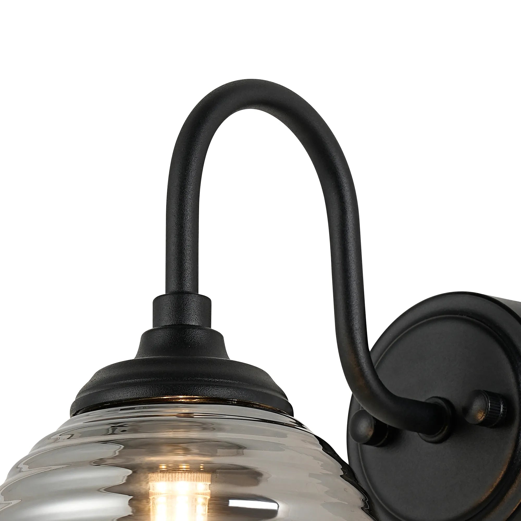 Dene Curved Arm Wall Light - 1 Light - IP44 Satin Black & Smoke Ribbed Round Glass