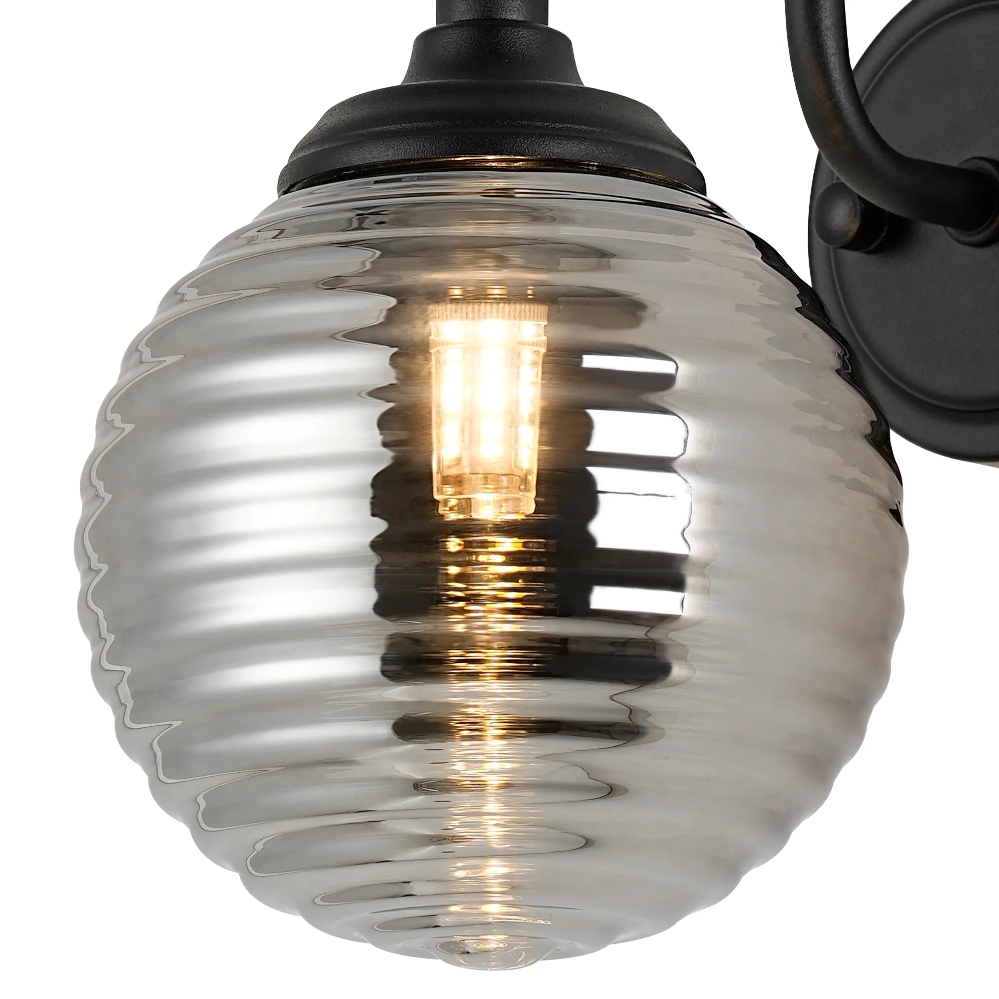 Dene Curved Arm Wall Light - 1 Light - IP44 Satin Black & Smoke Ribbed Round Glass