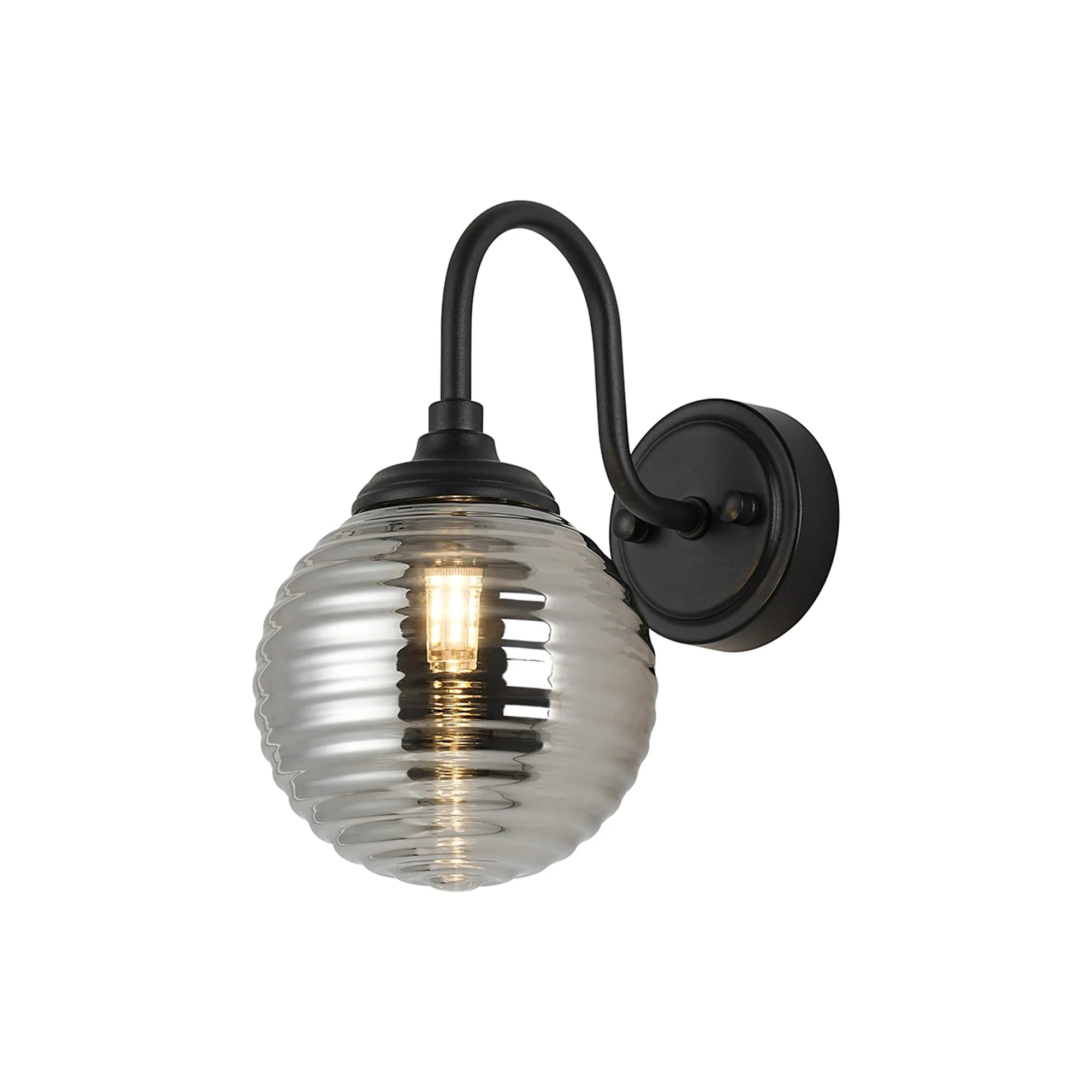 Dene Curved Arm Wall Light - 1 Light - IP44 Satin Black & Smoke Ribbed Round Glass