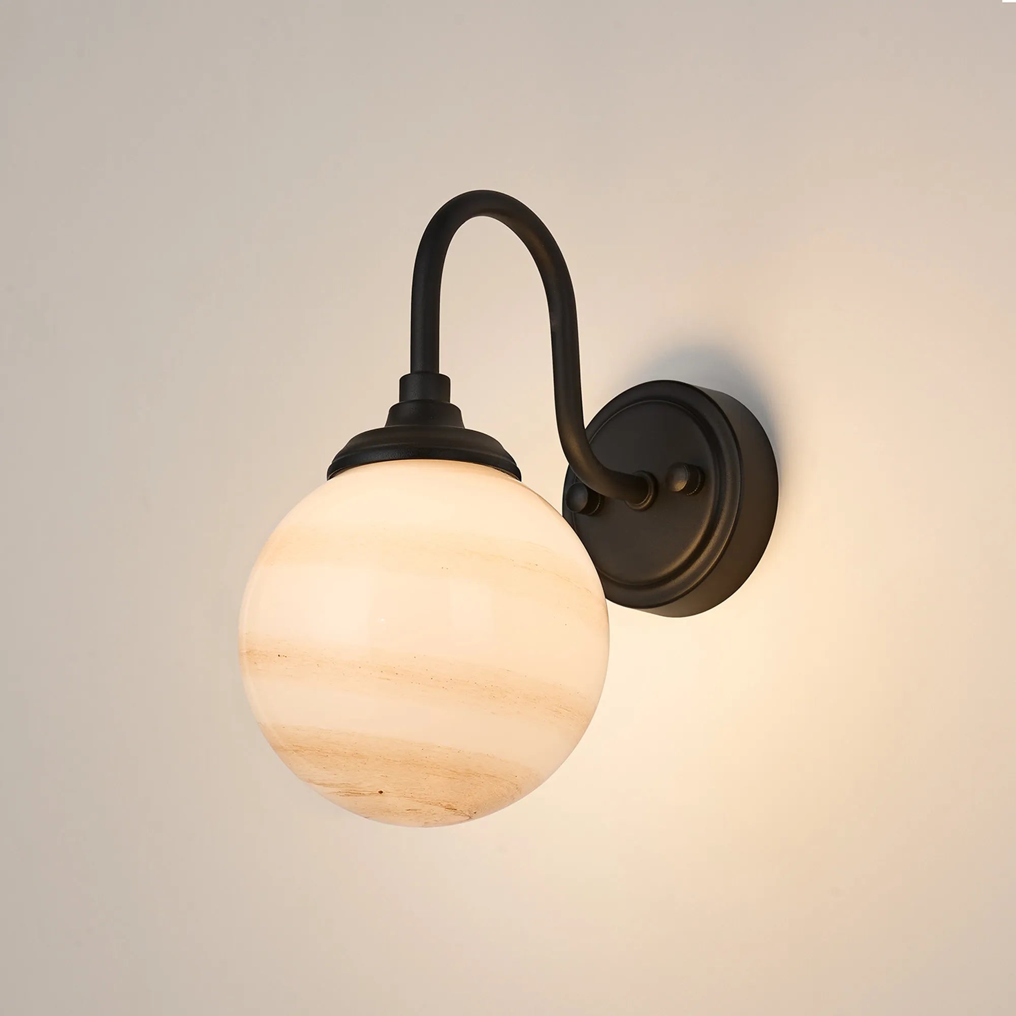 Dene Curved Arm Wall Light - 1 Light - IP44 Satin Black & Brown & White Round Marble Effect Glass