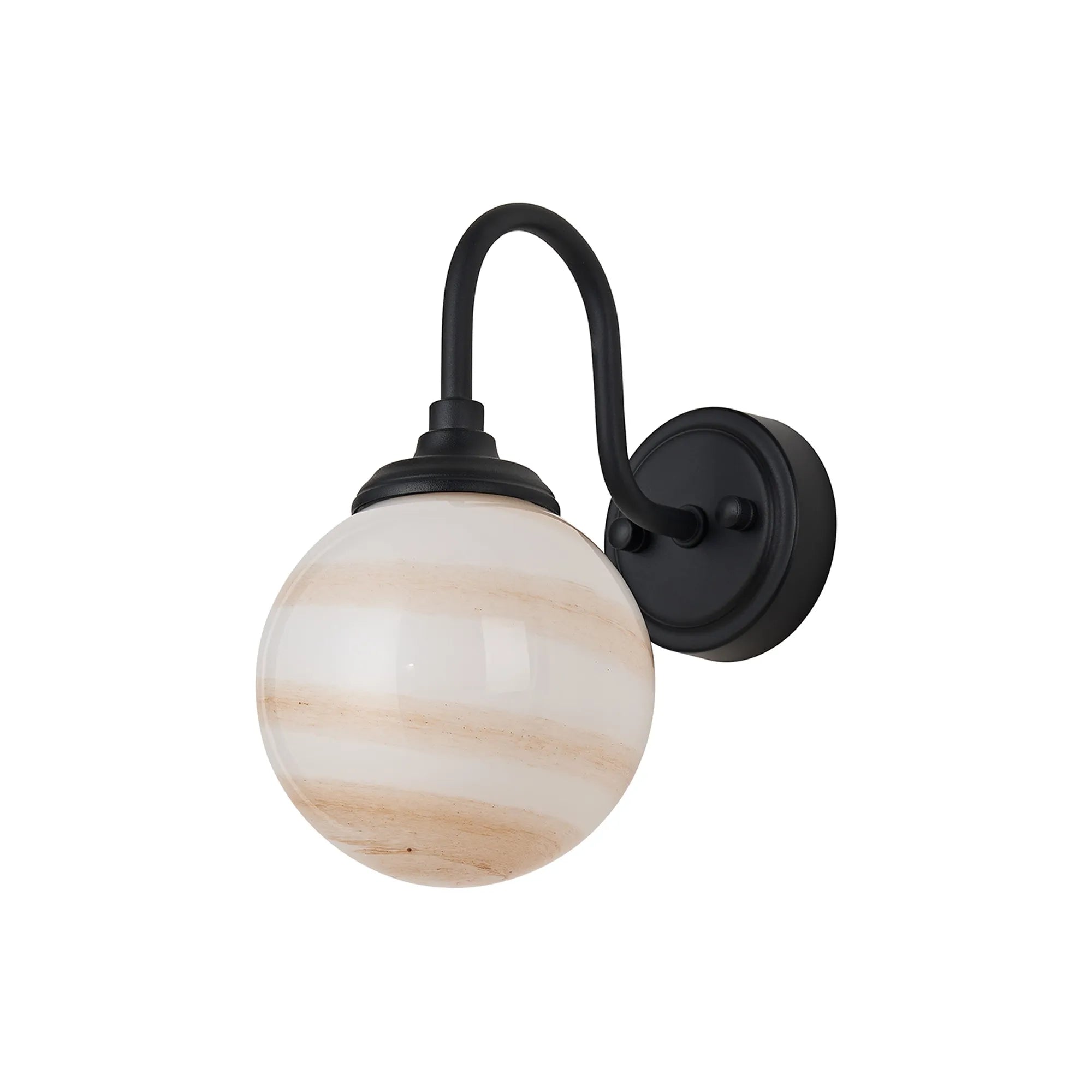 Dene Curved Arm Wall Light - 1 Light - IP44 Satin Black & Brown & White Round Marble Effect Glass
