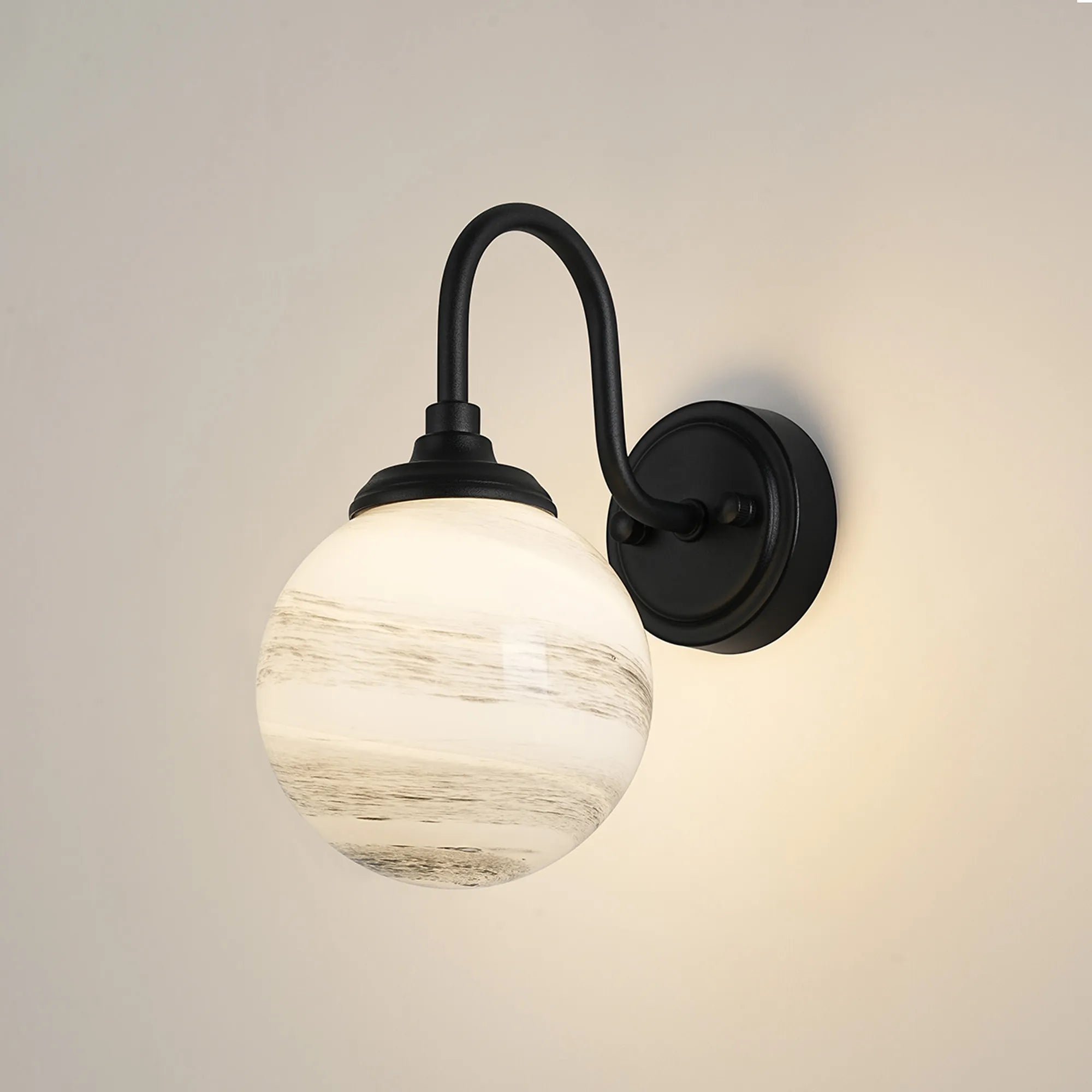 Dene Curved Arm Wall Light - 1 Light - IP44 Satin Black & Grey & White Round Marble Effect Glass