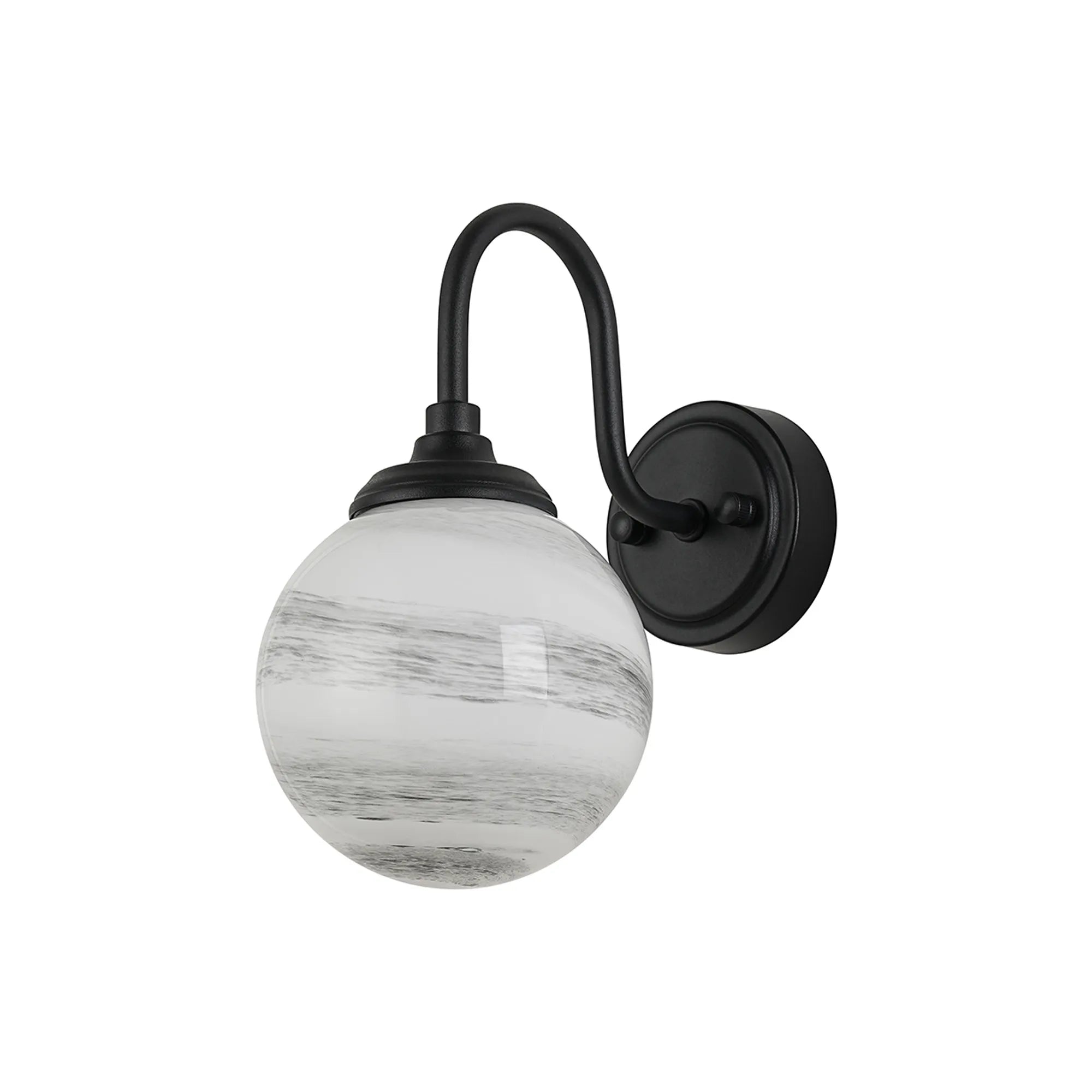 Dene Curved Arm Wall Light - 1 Light - IP44 Satin Black & Grey & White Round Marble Effect Glass