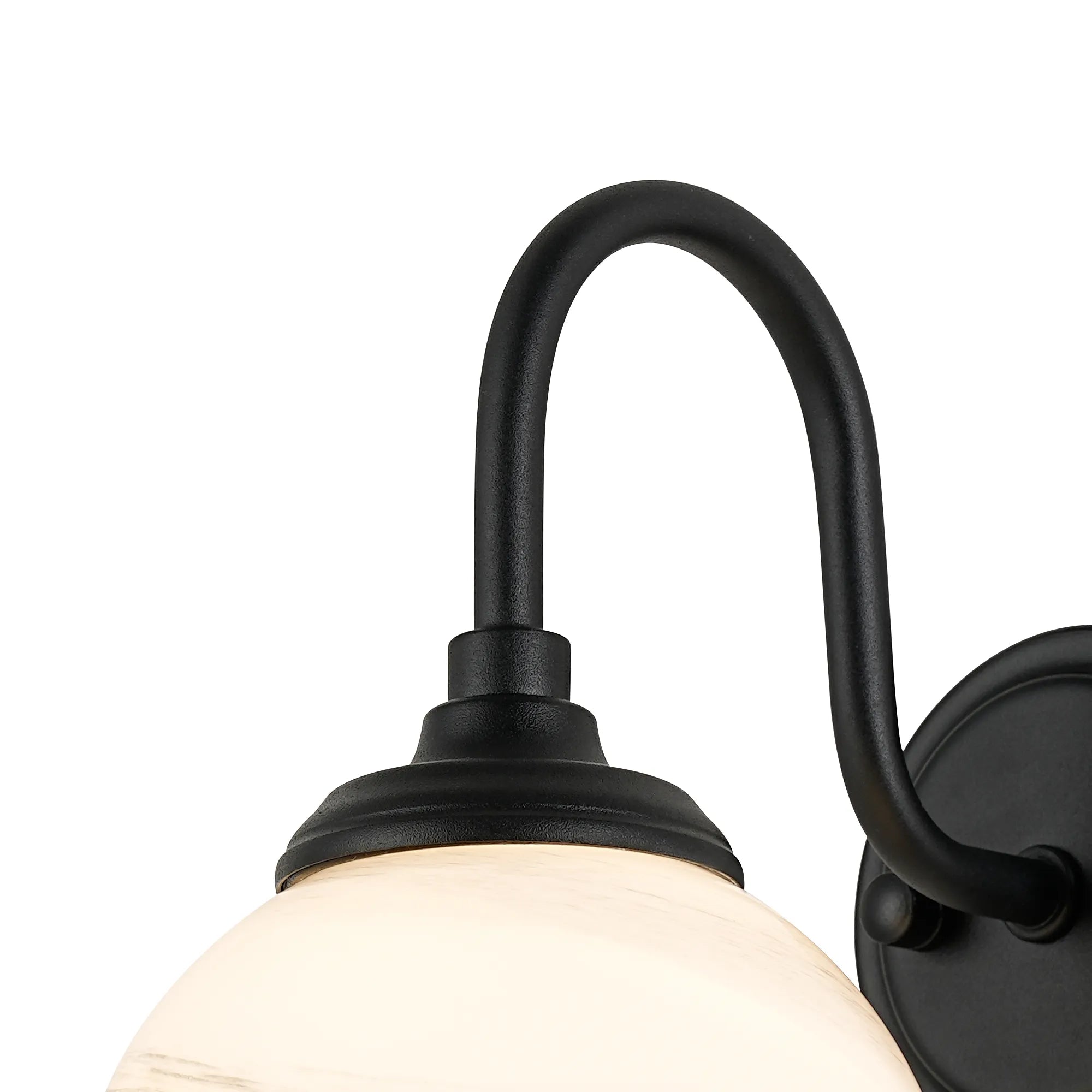 Dene Curved Arm Wall Light - 1 Light - IP44 Satin Black & Grey & White Round Marble Effect Glass