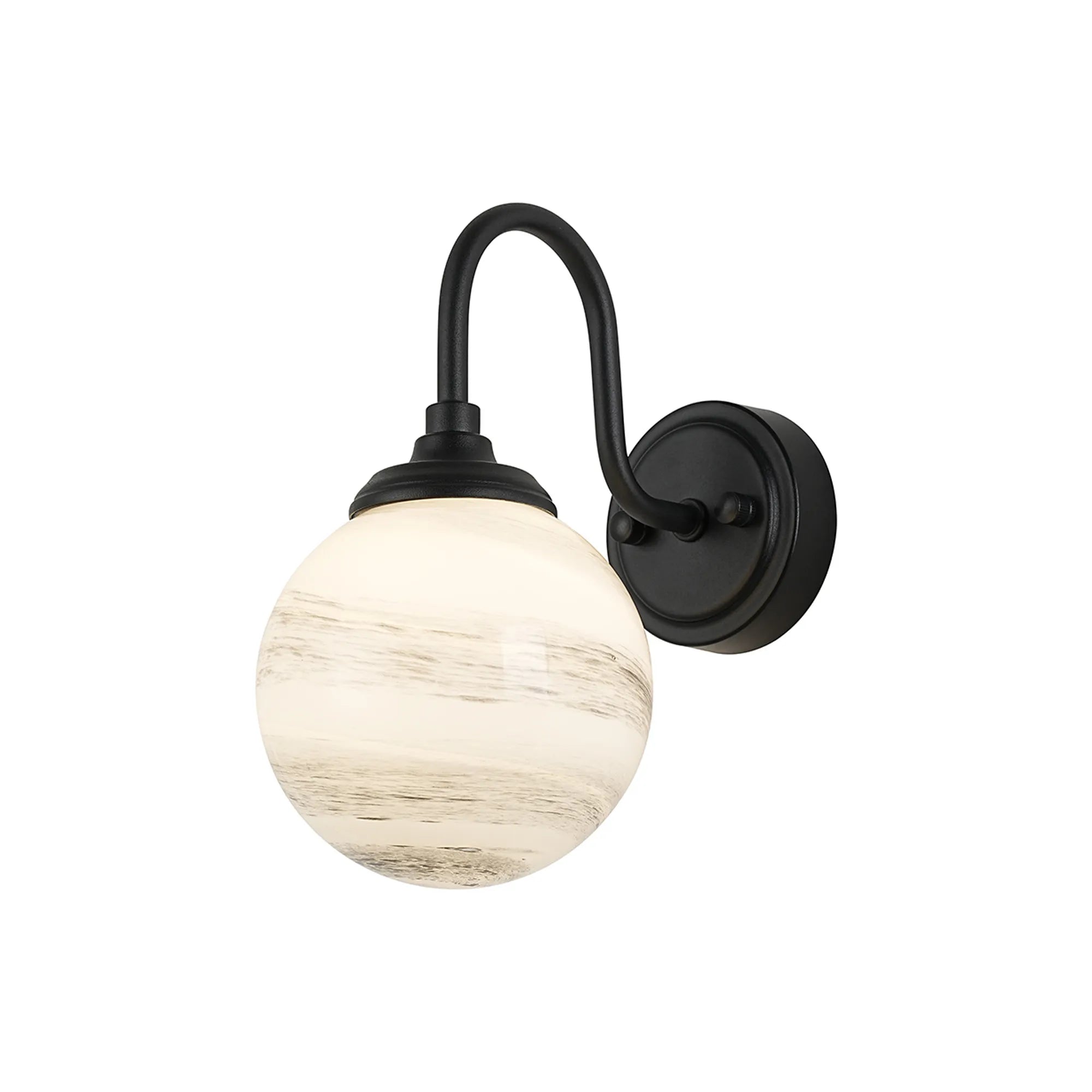 Dene Curved Arm Wall Light - 1 Light - IP44 Satin Black & Grey & White Round Marble Effect Glass