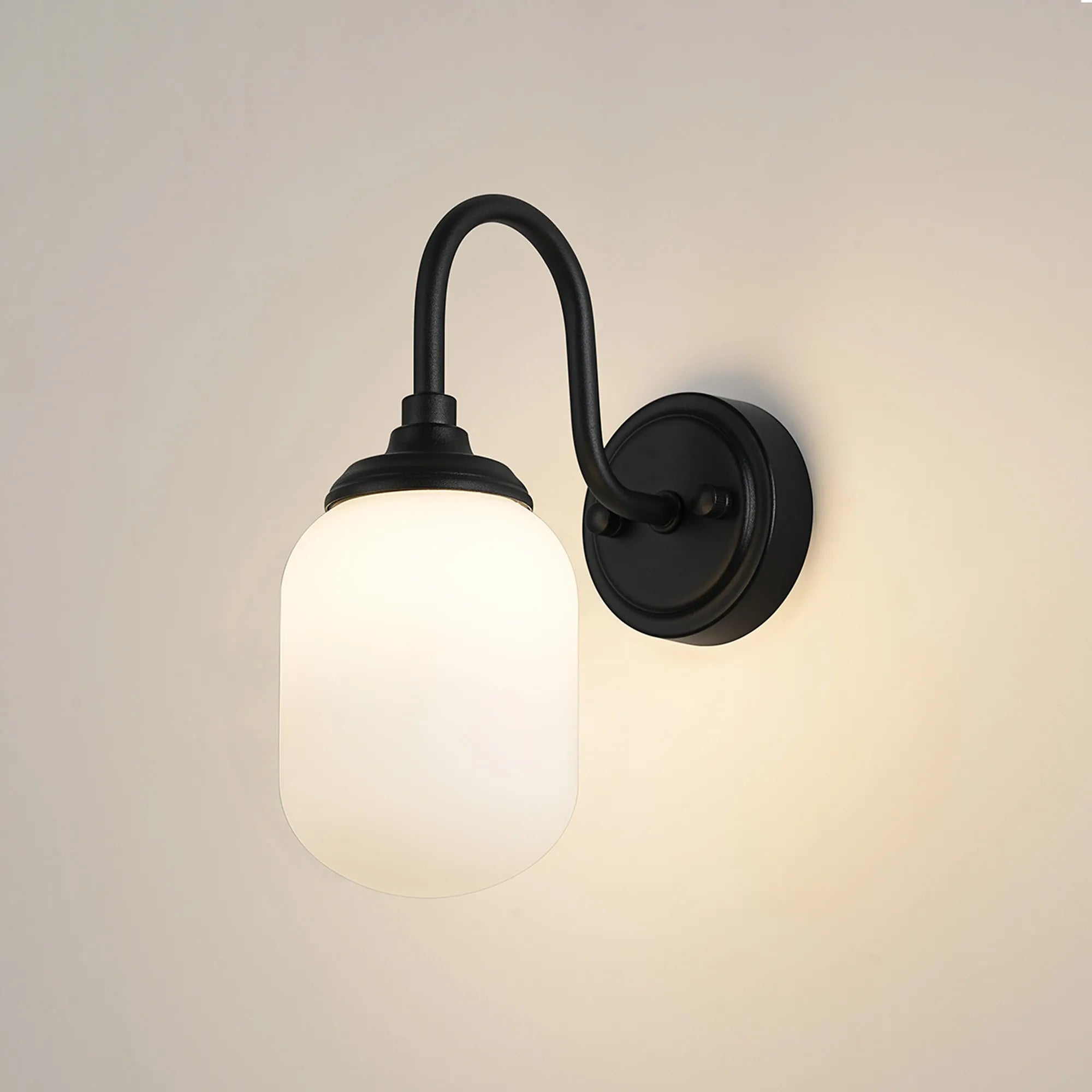 Dene Curved Arm Wall Light - 1 Light - IP44 Satin Black & Opal Smooth Tubular Glass