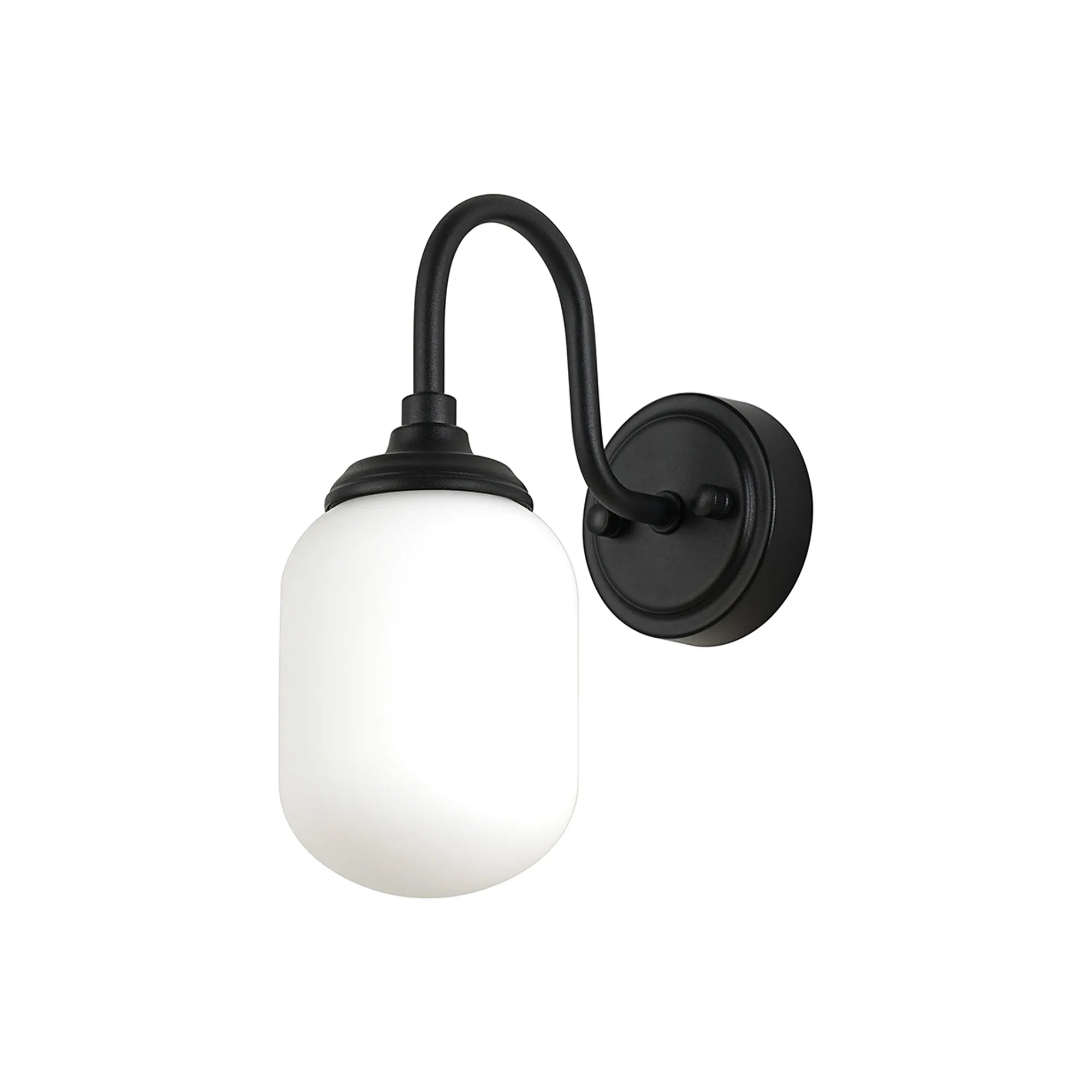 Dene Curved Arm Wall Light - 1 Light - IP44 Satin Black & Opal Smooth Tubular Glass