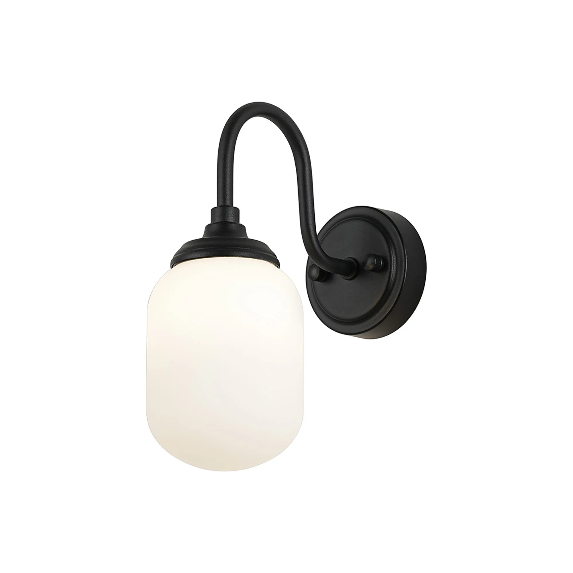 Dene Curved Arm Wall Light - 1 Light - IP44 Satin Black & Opal Smooth Tubular Glass